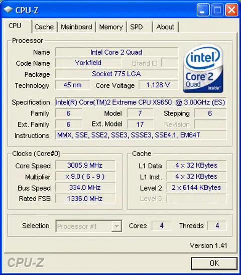 CPU-Z screenshot of the processor capabilities.