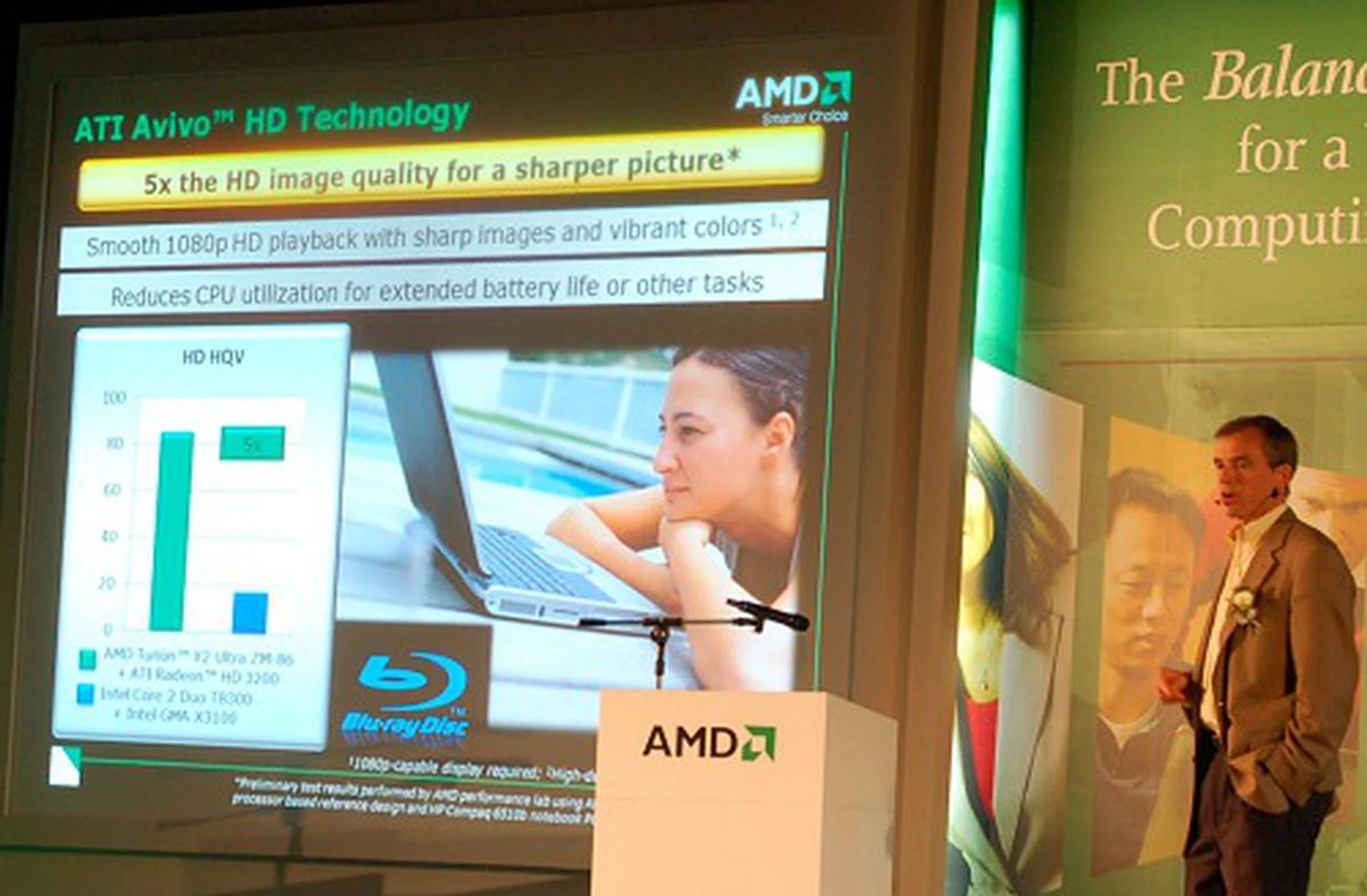 Chris Cloran, AMD's Corporate VP and GM of Computing Solutions Group (Notebook Division), was heading the Puma launch and in this slide, compares video quality performance of the new IGP versus that of Intel's current GM965 class. Of course this comparison will change shortly as Intel's Centrino 2 platform takes off in a couple of months.