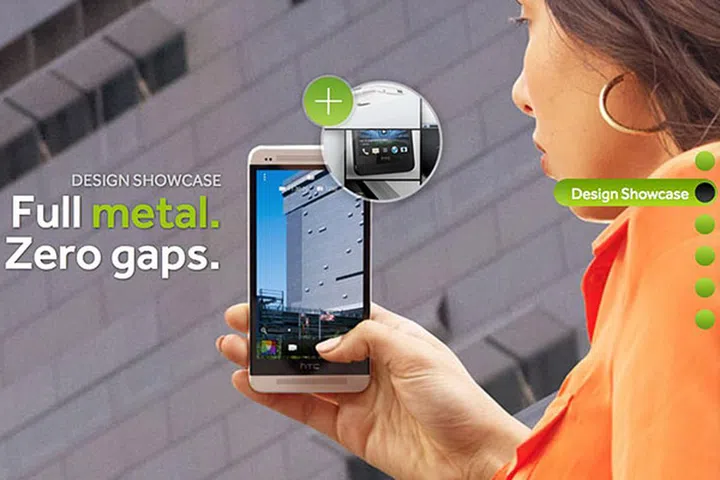 The HTC One sports a full metal body, with tapered edges, and a 'zero gap' construction. (Image source: HTC.)