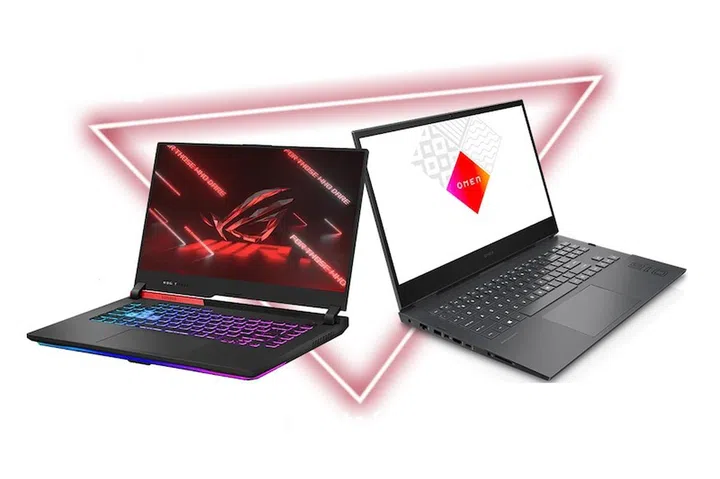 The ASUS ROG Strix 15 and HP Omen laptops are under AMD Advantage branding.