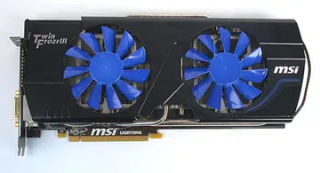 The dual-fan Twin Frozr III cooler on the Lightning Xtreme is mostly identical to the one on the Lightning, but the fins now turn from the default blue to white as it gets warmer. It's meant to be a quick, visual indicator of the GPU's workload. 