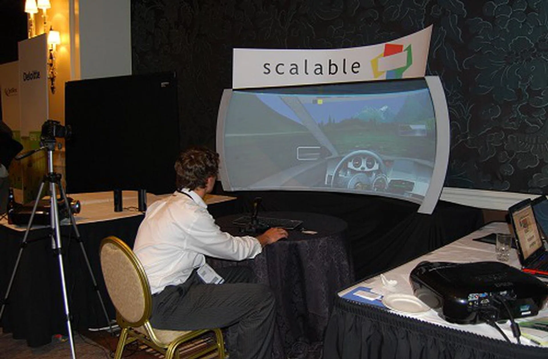 This is achieved via dual projectors screening on the curved screen in conjunction with Scalable's EasyBlend software to provide edge blending and color matching from multi-projector displays. They've even done a 240-degree solution with five projectors with a recent partner, RTI.