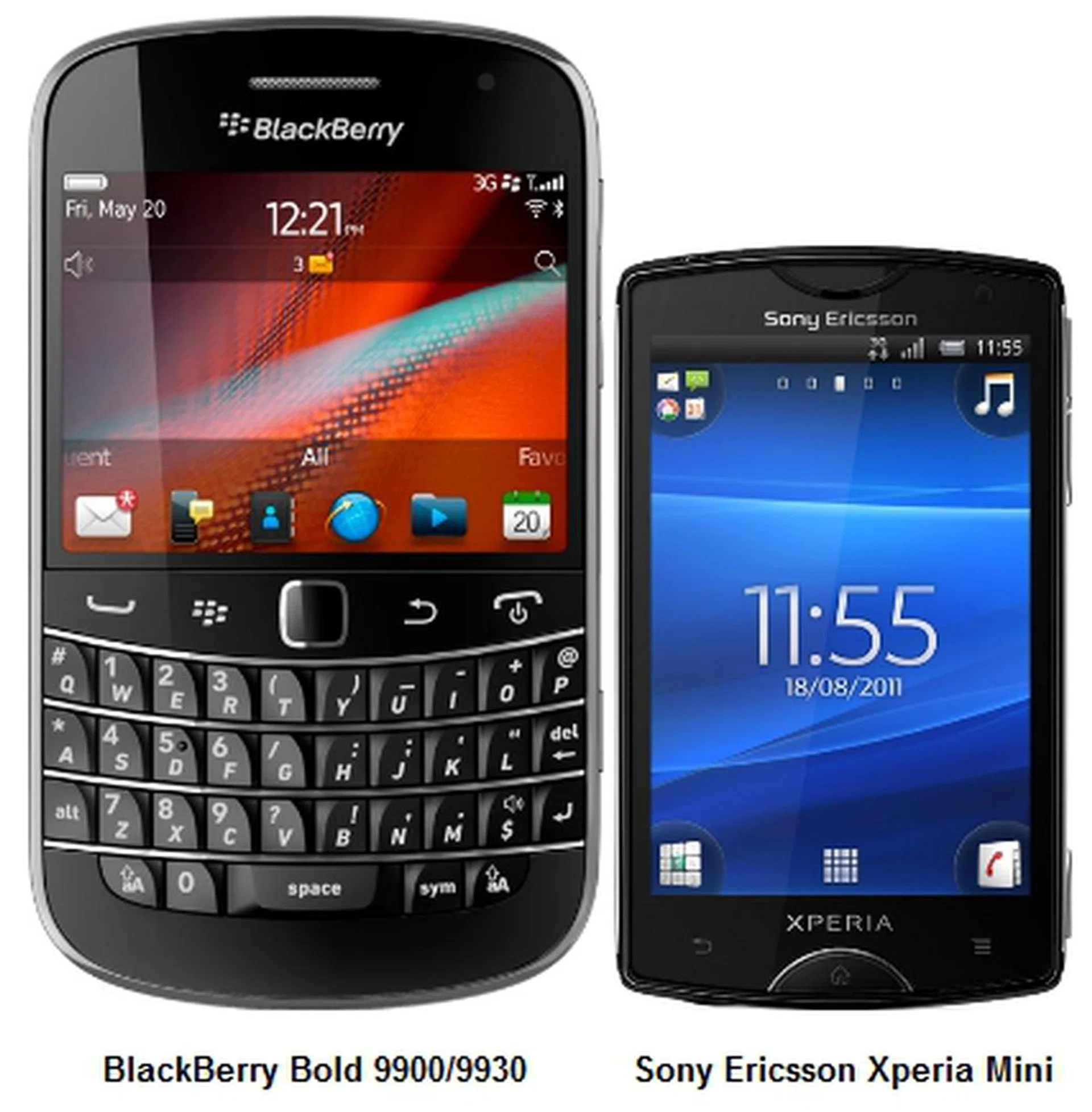 The BlackBerry Bold 9900 comes with a 2.8-inch touchscreen while the Sony Ericsson Xperia Mini comes with a 3.0-inch touchscreen.