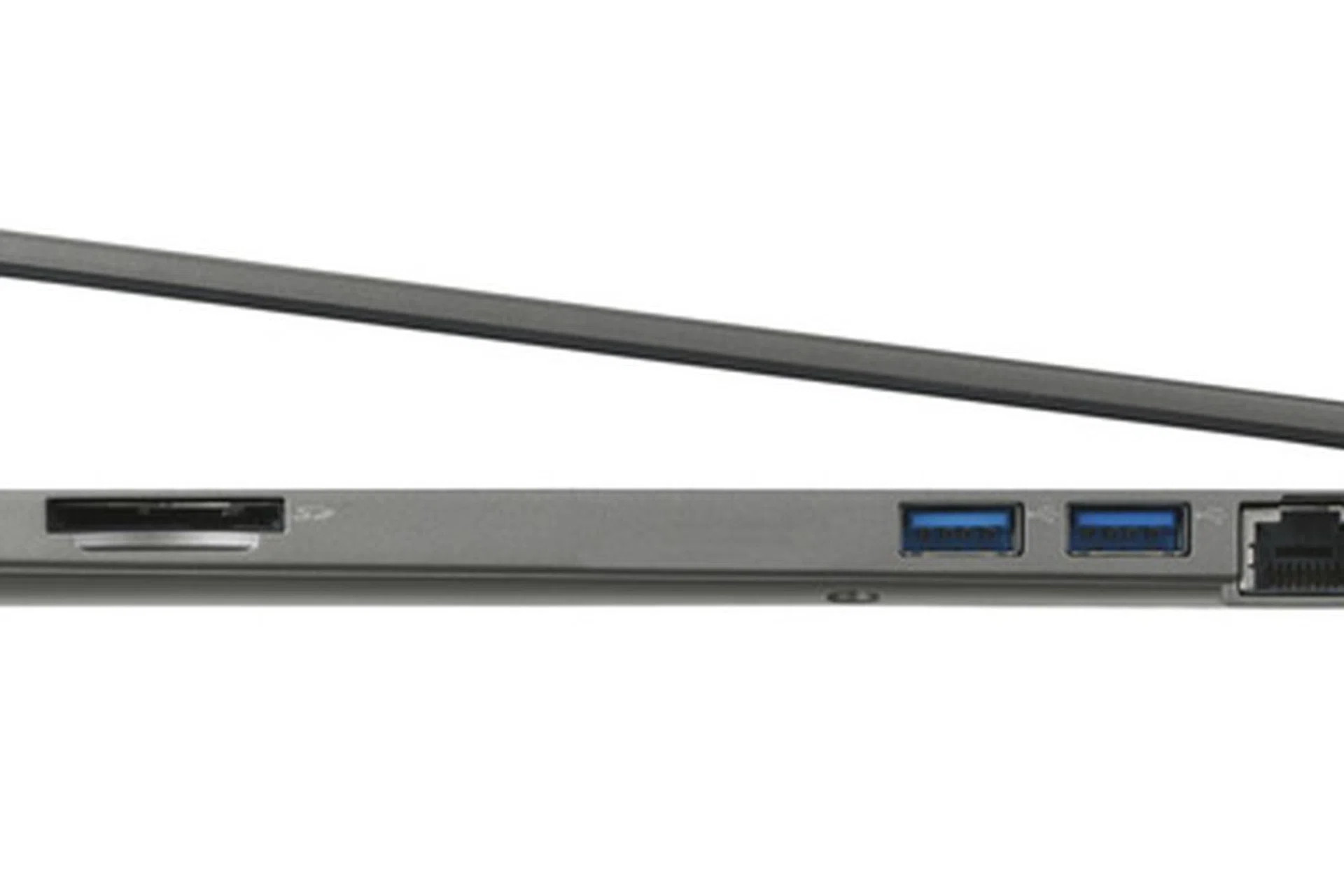 The Toshiba Portege Z30t is a highly portable machine, tapering down to a thickness of just 13.9mm. On this left profile, we see a SD card reader, two USB 3.0 ports, an Ethernet port and a Kensington Security Slot.
