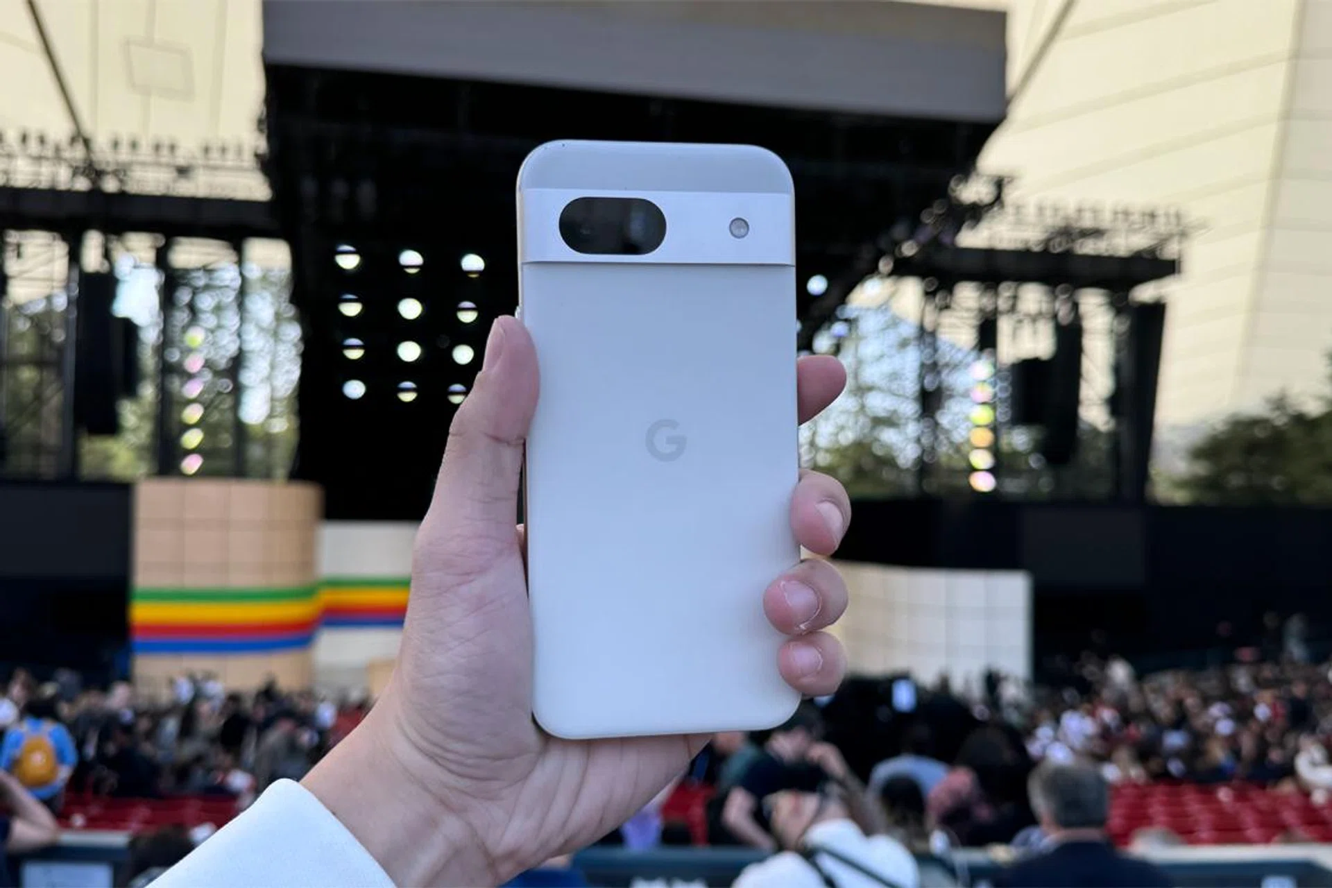 Google Pixel 8a in Porcelain.