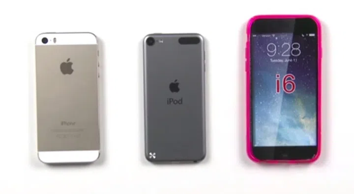 Left to right: Apple iPhone 5S, fifth generationiPod Touch and alleged iPhone 6 Case. <br>Image source: Unbox Therapy