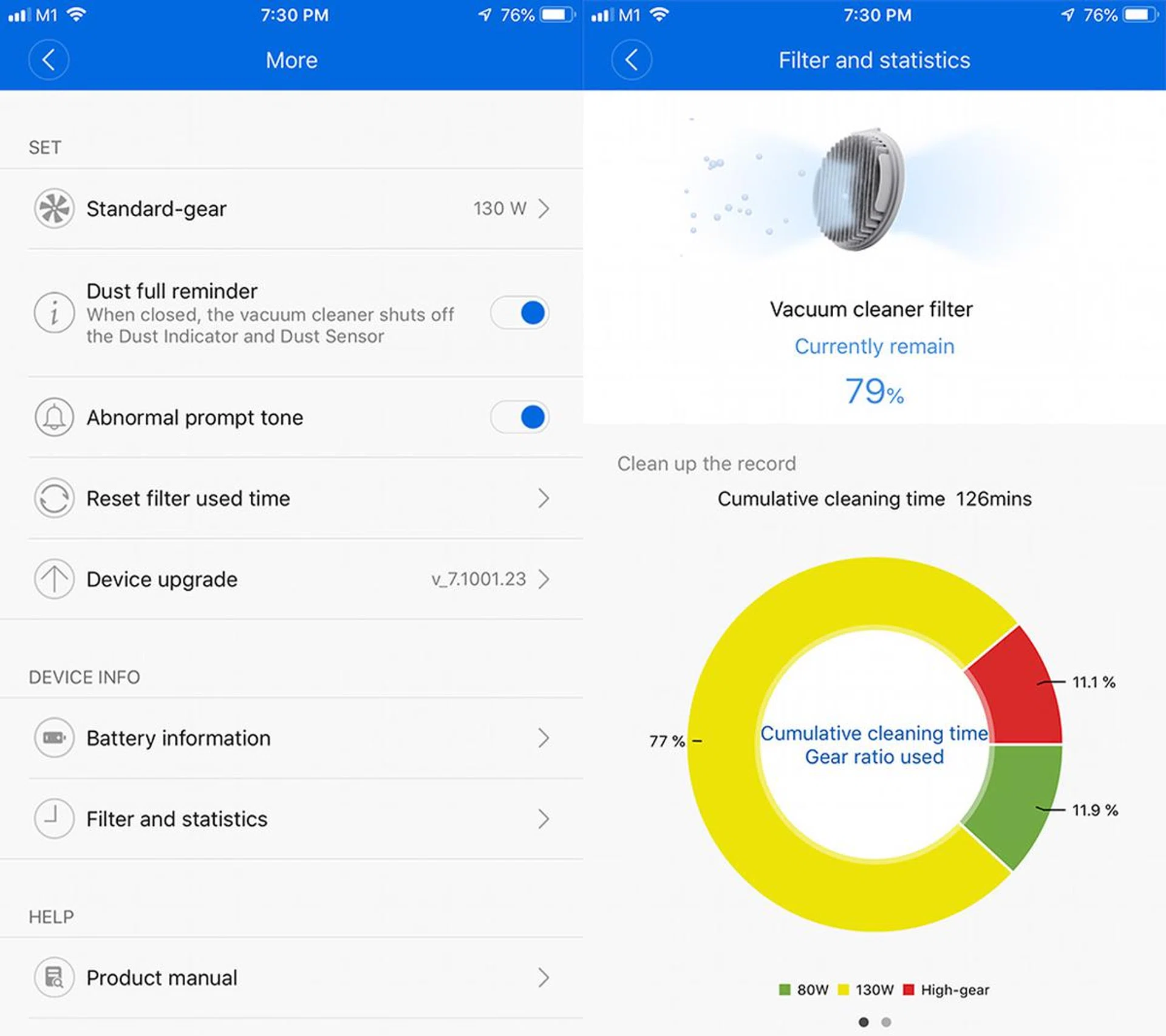 The F8 Storm connects to the Roidmi app via Bluetooth, and lets you set power settings, as well as monitor the HEPA filter.