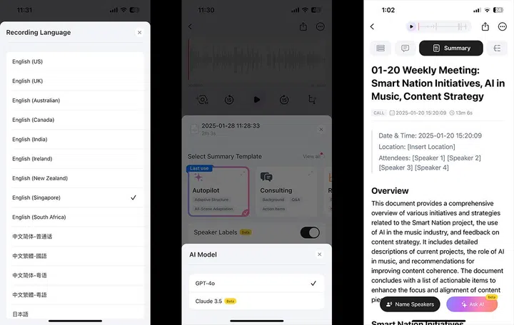 Users can toggle between the transcript, an AI-generated summary, and a mind map of key topics within the recording. Image: HWZ