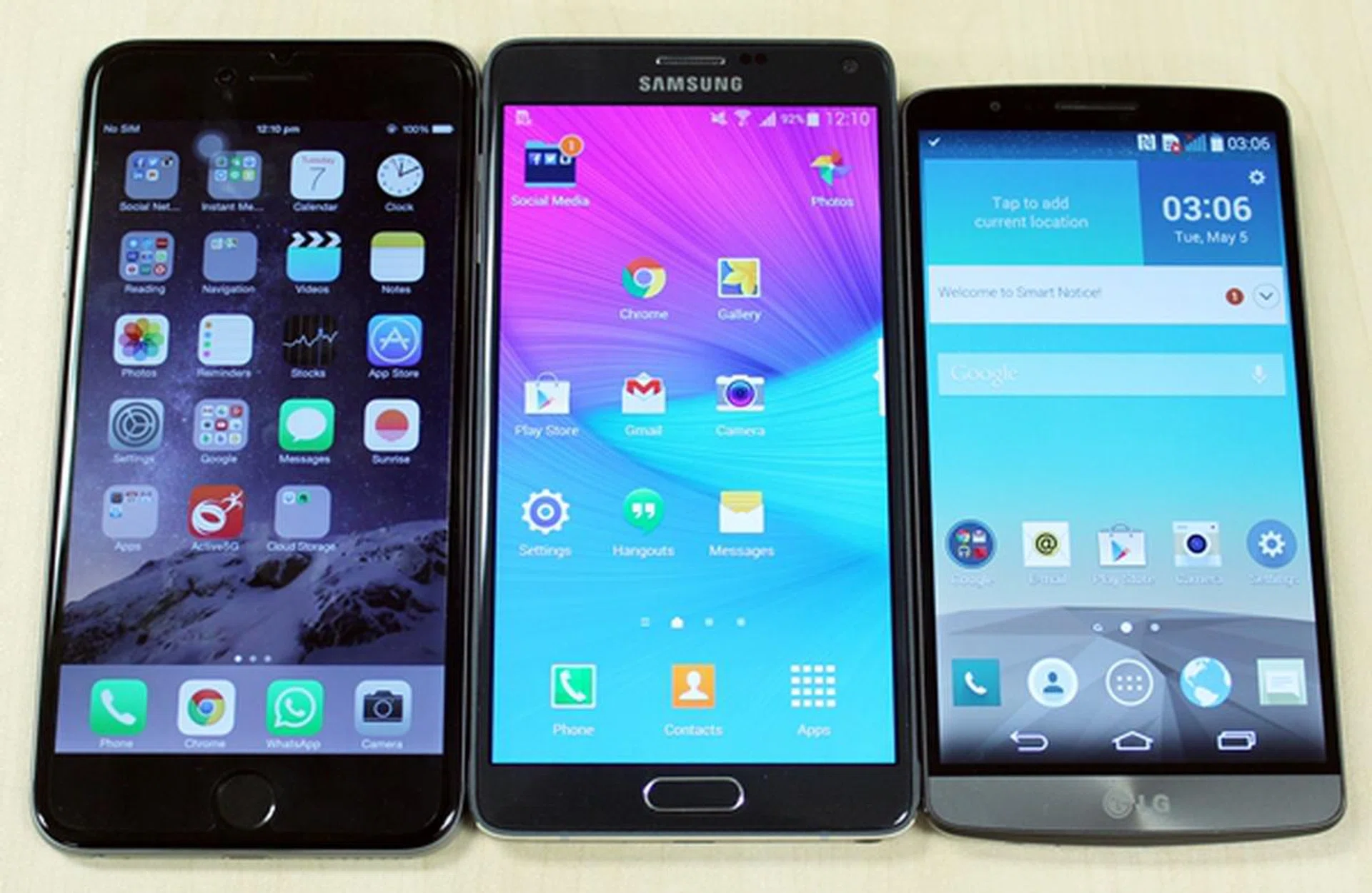 The front view of the phablets. <br> From left to right: Apple iPhone 6 Plus, Samsung Galaxy Note 4 and the LG G3.
