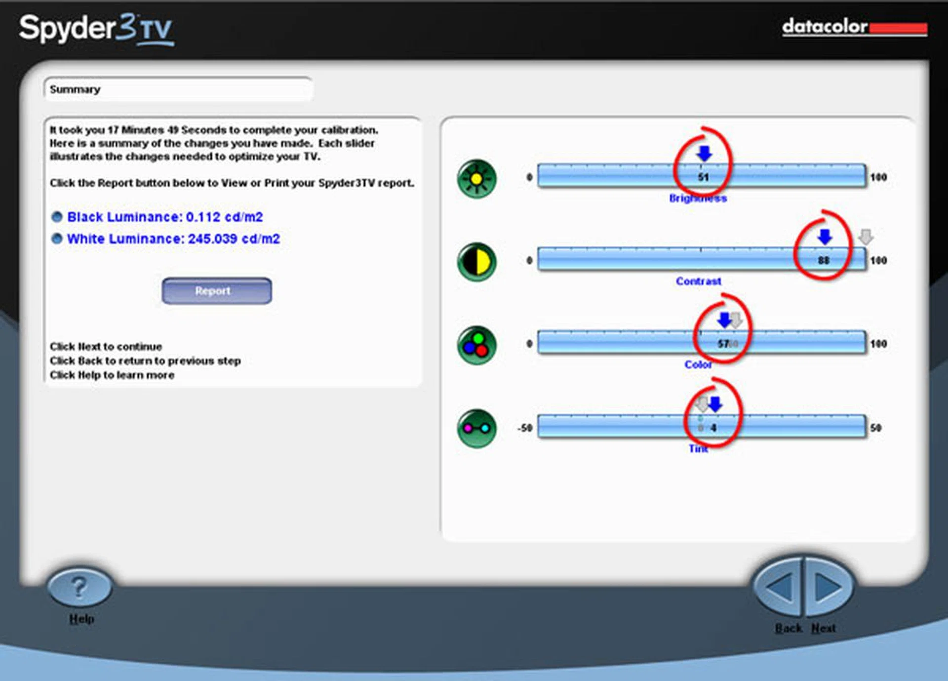 The calibrated settings for the LG LM9600 are as follows - Brightness: 51, Contrast: 88, Color: 57, and Tint: G4. Black and white luminance readings were recorded at 0.112 cd/m2 and 245.039 cd/m2 respectively. All readings are based on the Standard picture preset.