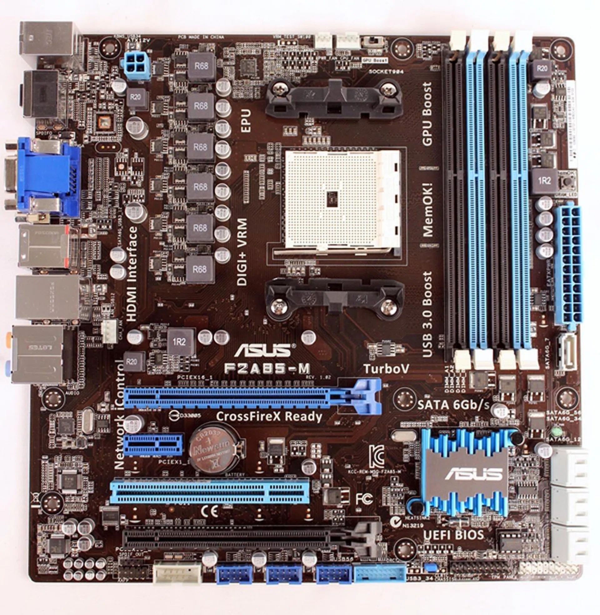 The ASUS F2A85-M is an mATX board that doesn't skimp on features; it packs digital power regulation components and supports AMD CrossFireX configuration.