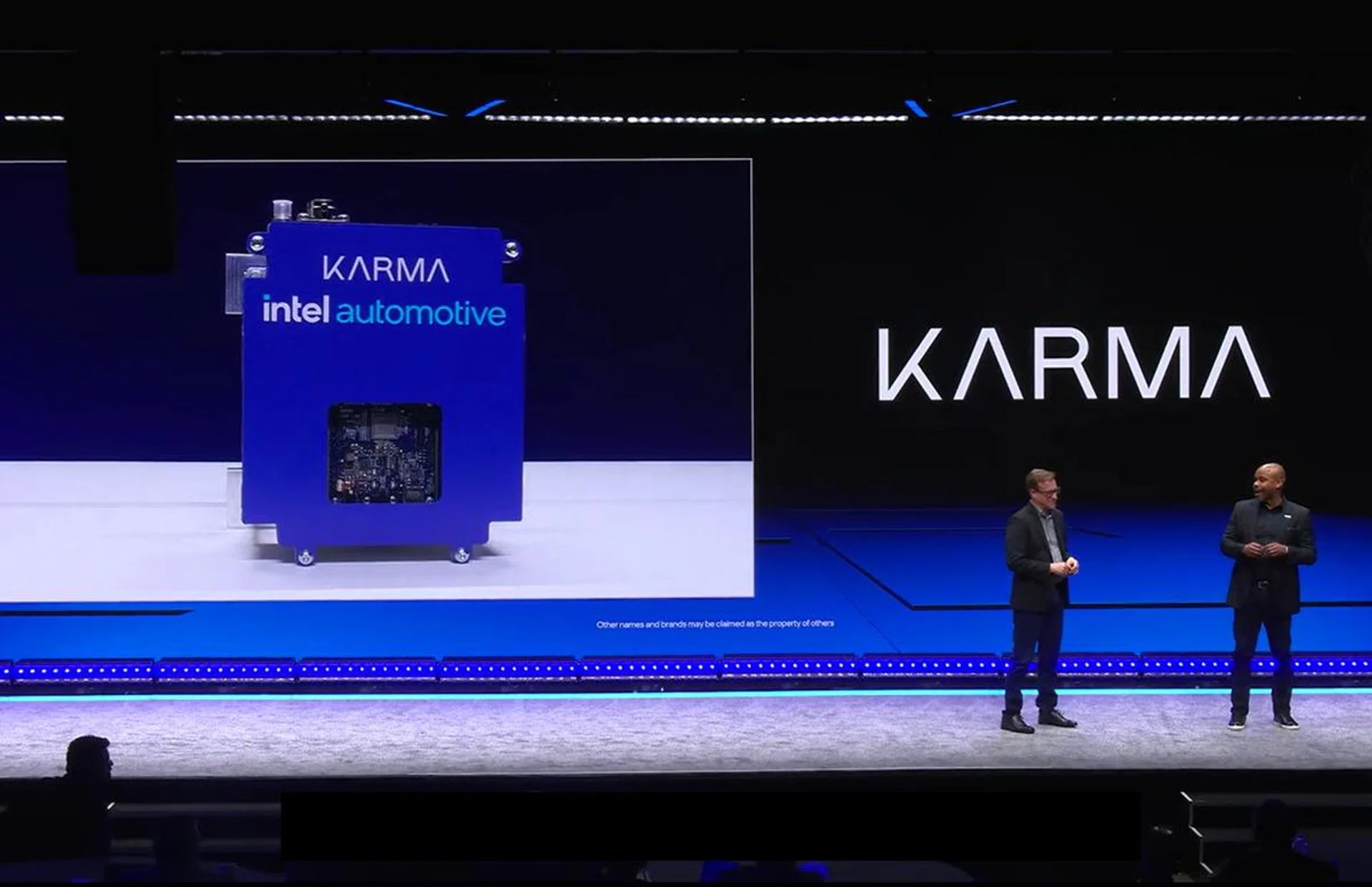Marques McCammon (right), president of Karma Automotive, joins Jack Weast, VP of Intel and GM of Intel Automotive, to endorse Intel’s whole-vehicle systems approach to re-architecting the automotive. (Image: Intel)