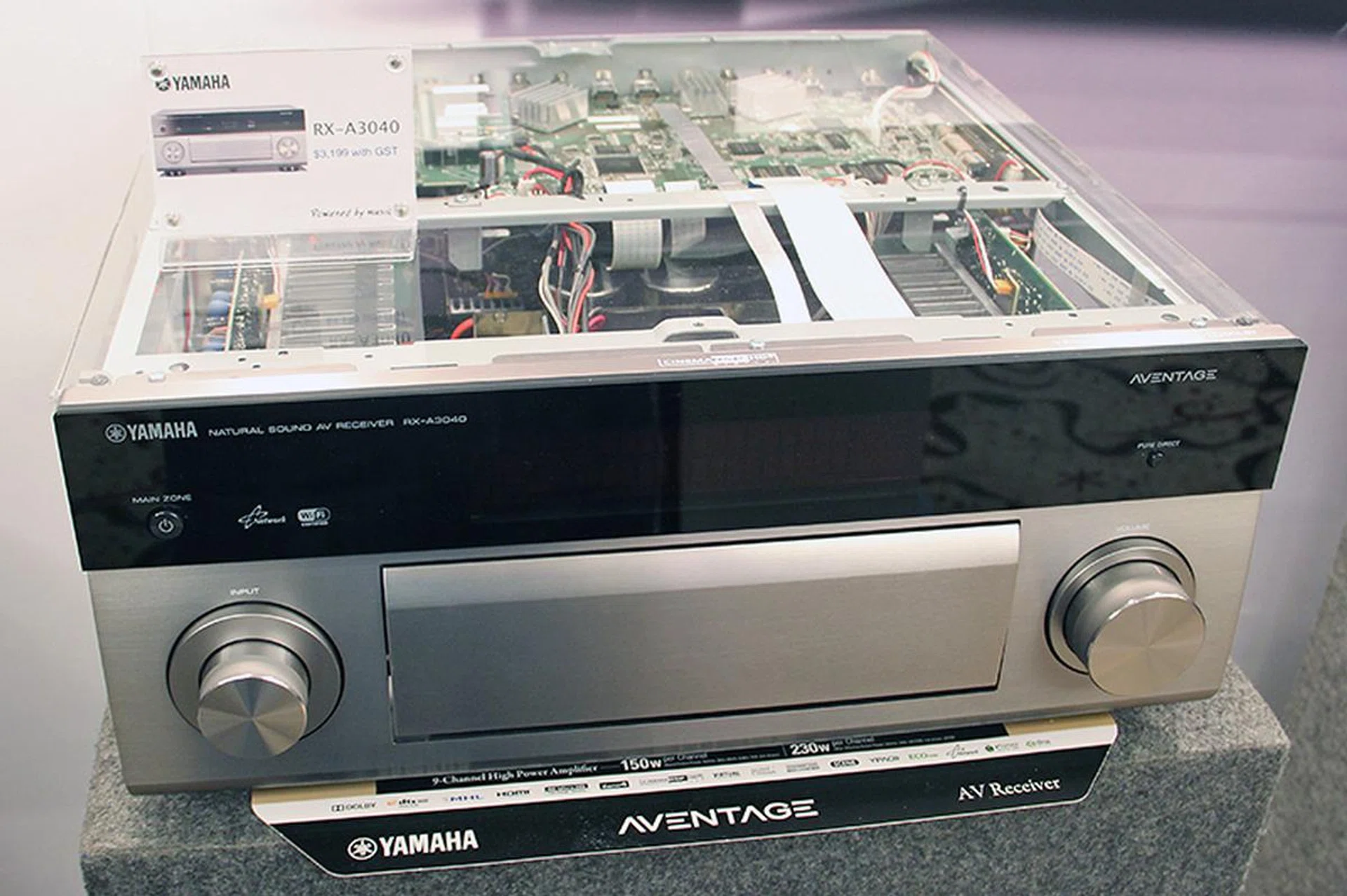 The RX-A3040 is the flagship AV receiver in the Aventage A40 series, and one of two in the lineup to gain Dolby Atmos support. (Note: this is a showcase unit, which explains the see-through top.)