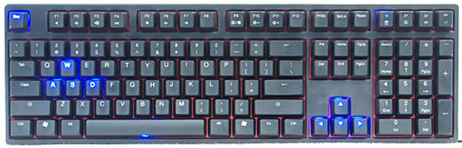 Pressing Fn + F9 once turns on the backlights for the Escape, W, A, S, D, space, and arrow keys. This of course is useful for basic gaming needs.