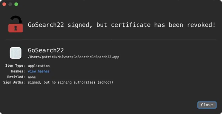 Apple has revoked the extensions certificate. Image courtesy of Patrick Wardle 
