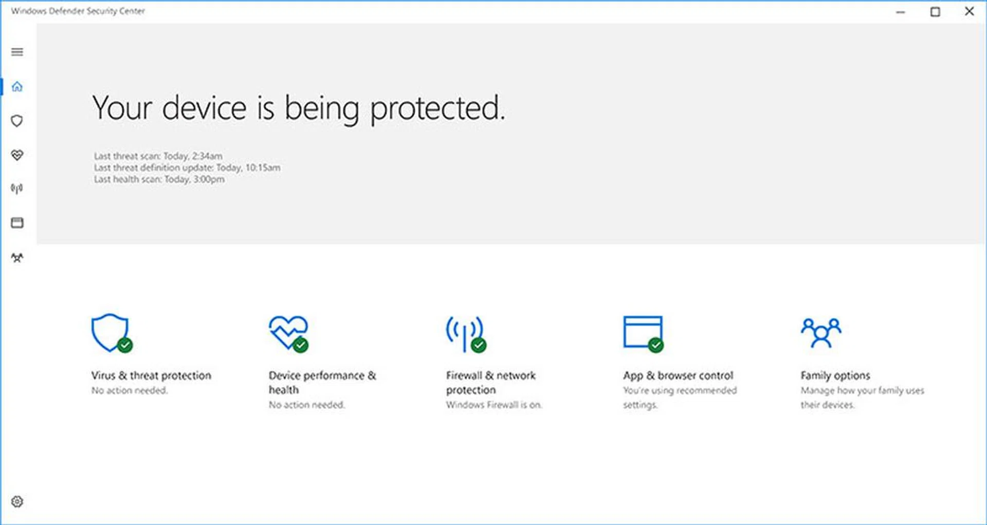 The new Windows Defender Security Center dashboard will give you an overall picture of your device's security, health, and online safety.