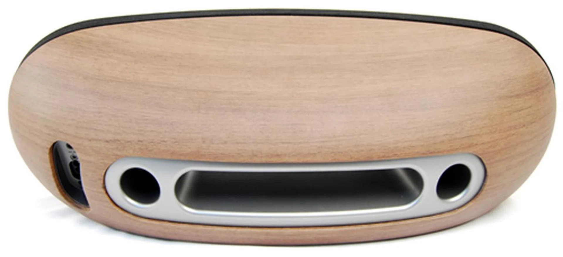 The back view of the product reveals the recess in the middle, the bass ports and the the connectivity options on the left hand side.