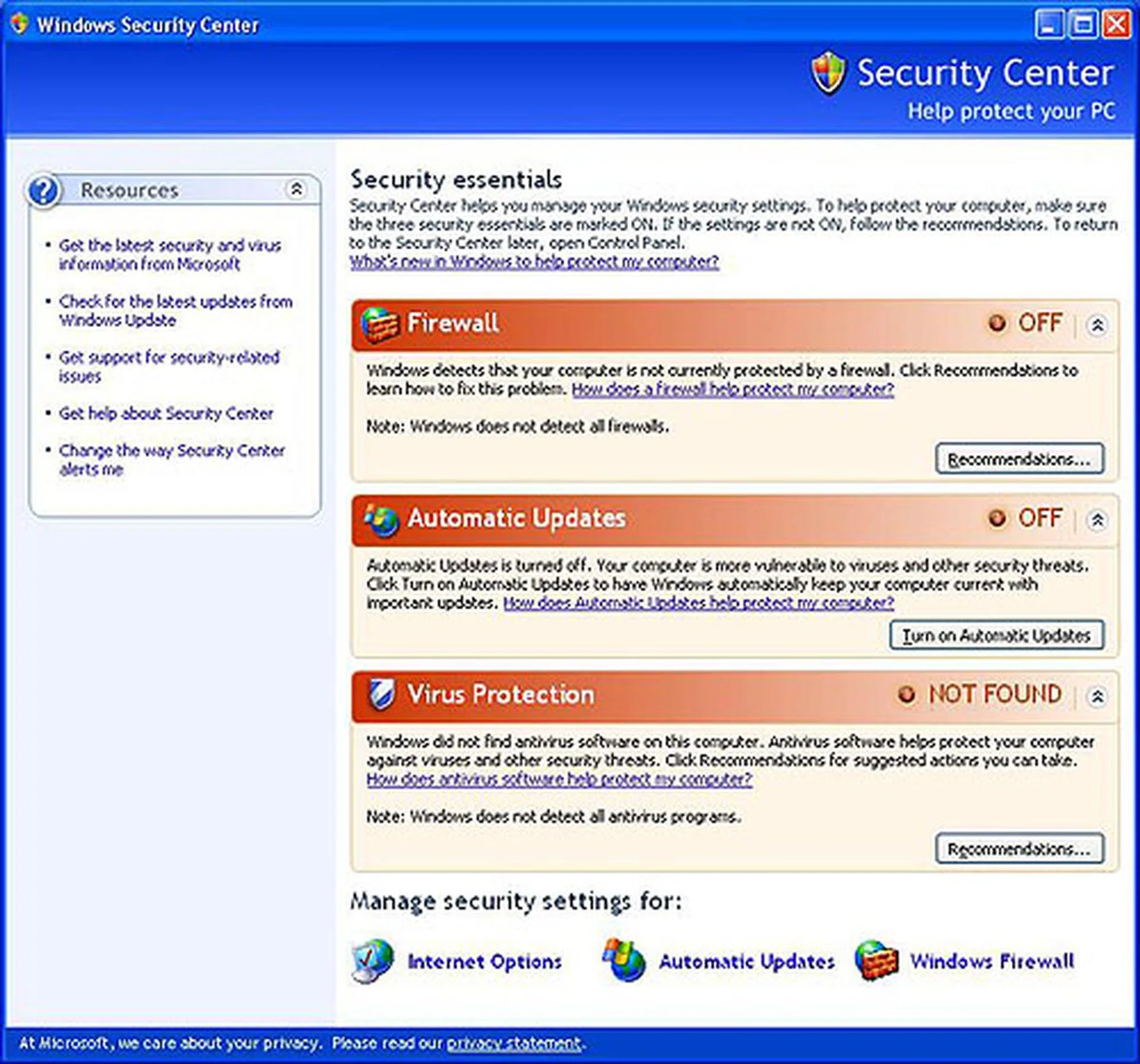 The Security Center as it is in Windows XP. 