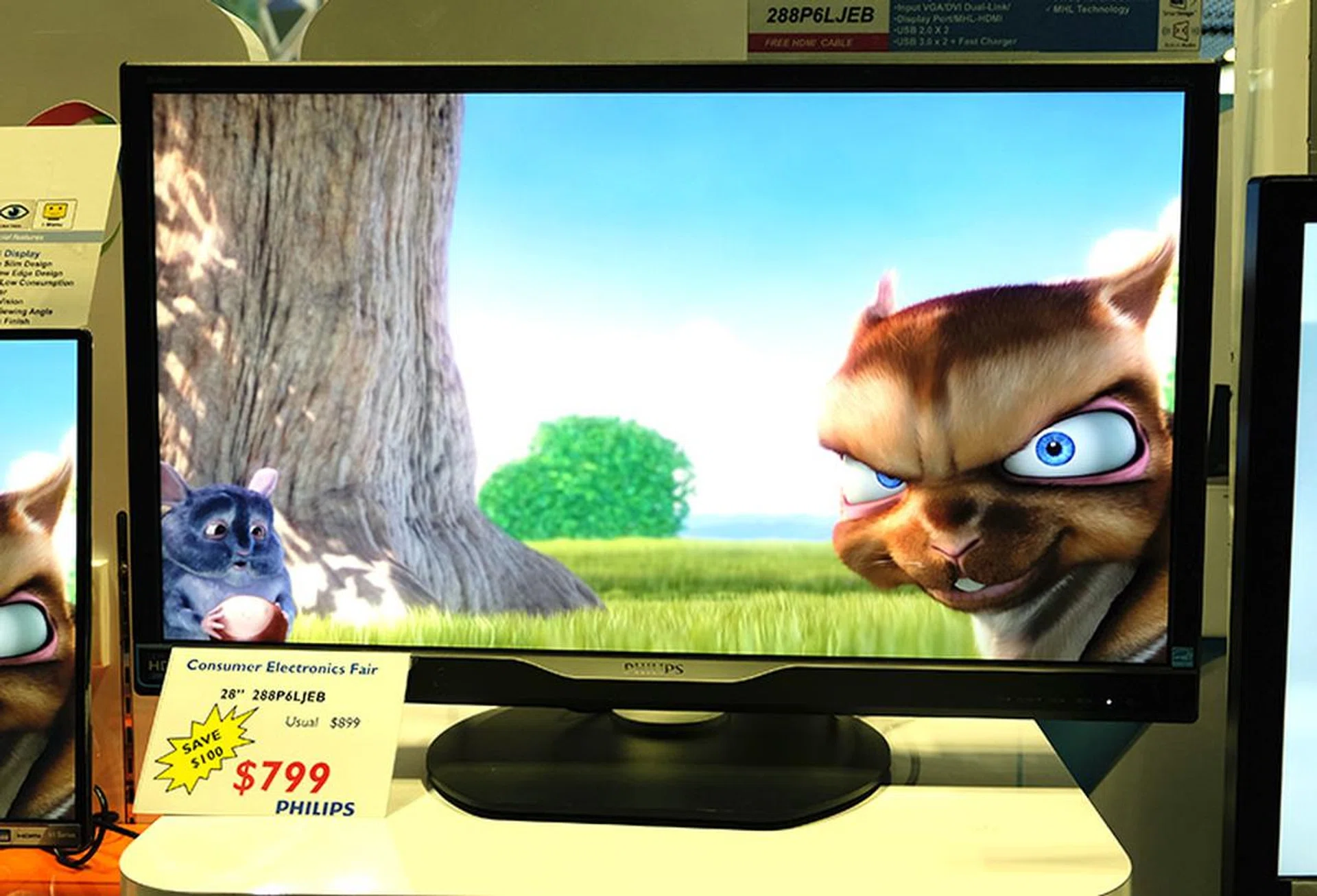 The Philips 288P6LJEB is a 28-inch 4K monitor with a response time of 1ms. It also has built-in speakers and USB hub with two USB 3.0 ports and two USB 2.0 ports. It is going for $799 (U.P $899).