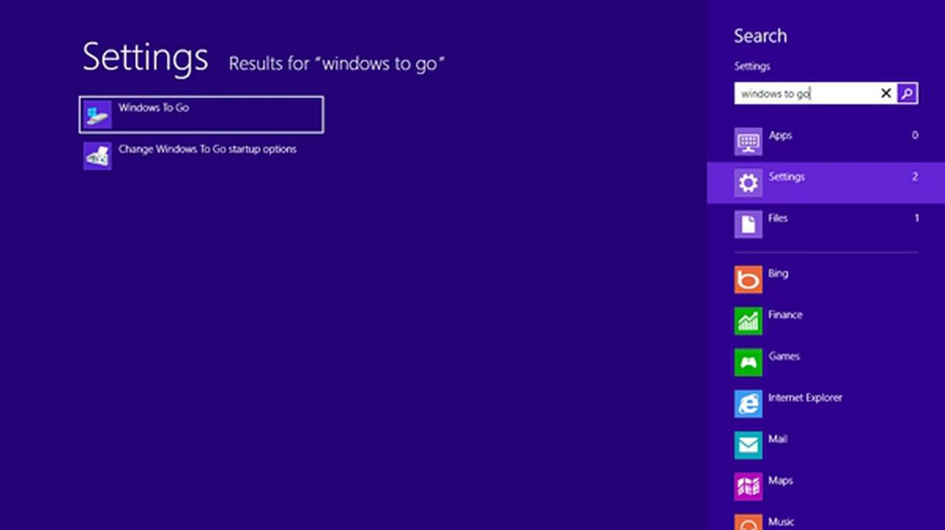At the Modern UI of your PC that is running on Windows 8 Enterprise edition, press the Windows and the W buttons (Win + W). Type 'Windows to Go' in the search textbox. Click the Windows to Go tool.