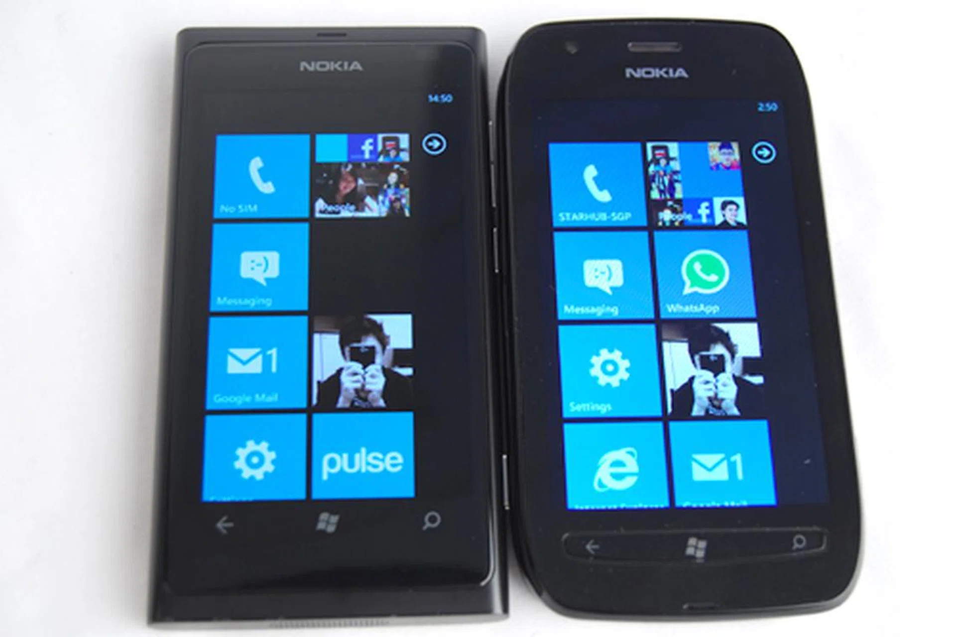 In comparison, the Lumia 800 (left) and its angular edges don't feel as comfortable as the curved design taken by the Lumia 710 (right).