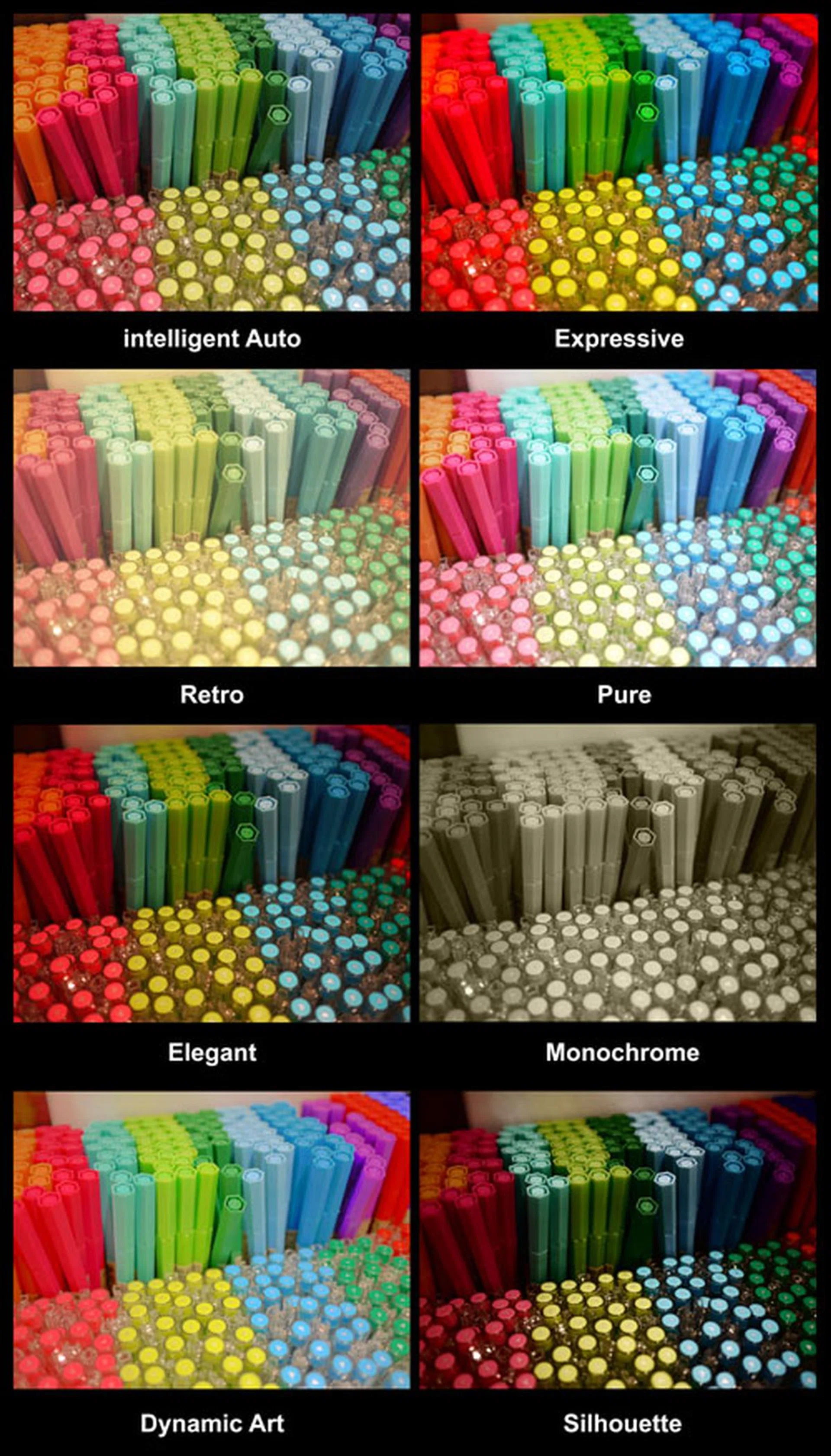 The effects the different My Color modes have on color. Click for a higher resolution image (very large). 