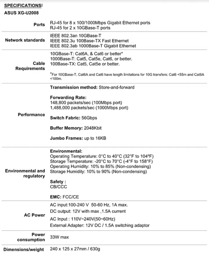 Spec sheet of the ASUS XG-U2008.