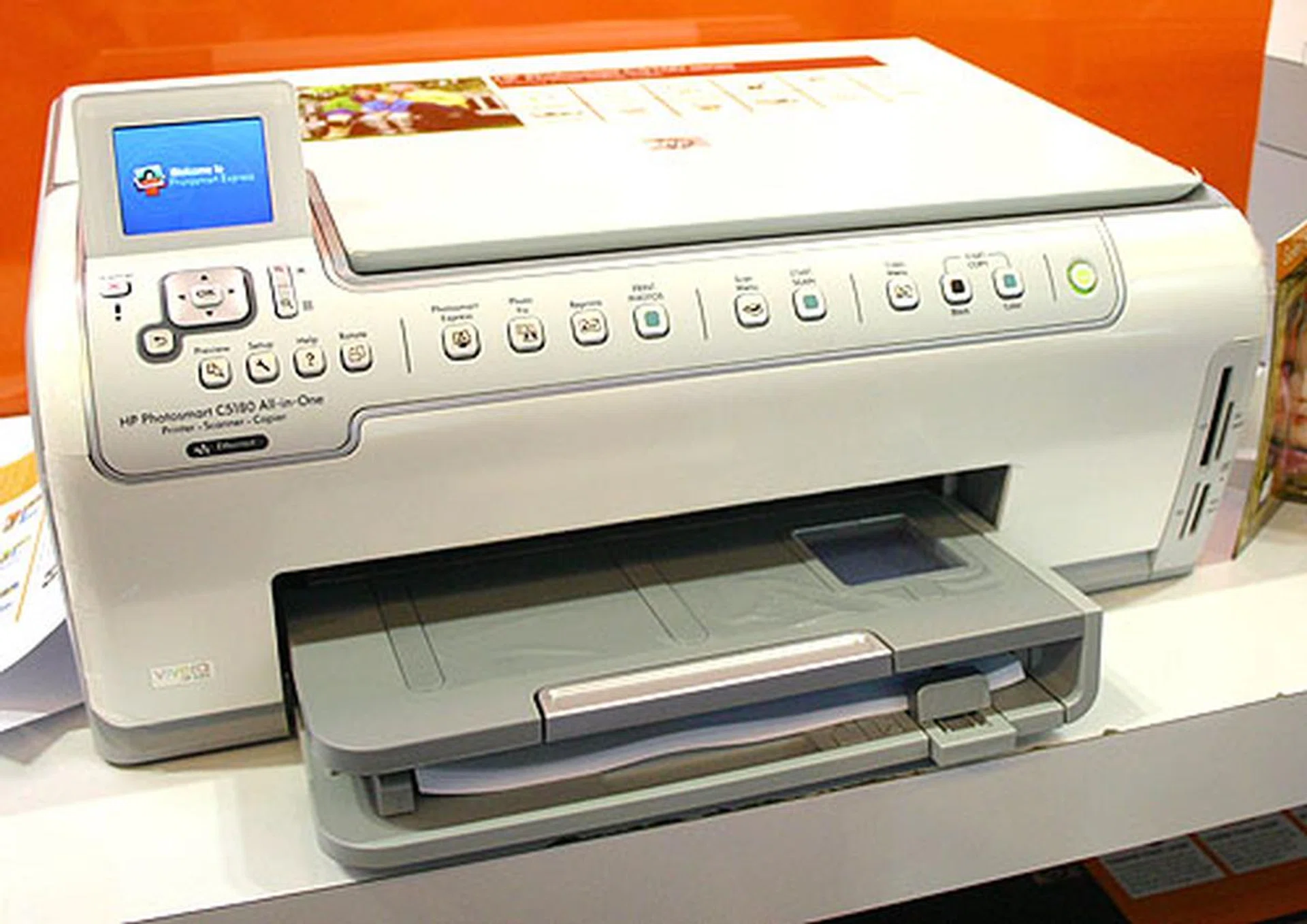  For higher printed photo quality, there's the HP Photosmart C5180 at $298 with a free trolley and electronic Sudoku game. There's built-in networking and memory card slots for this all-in-one.  