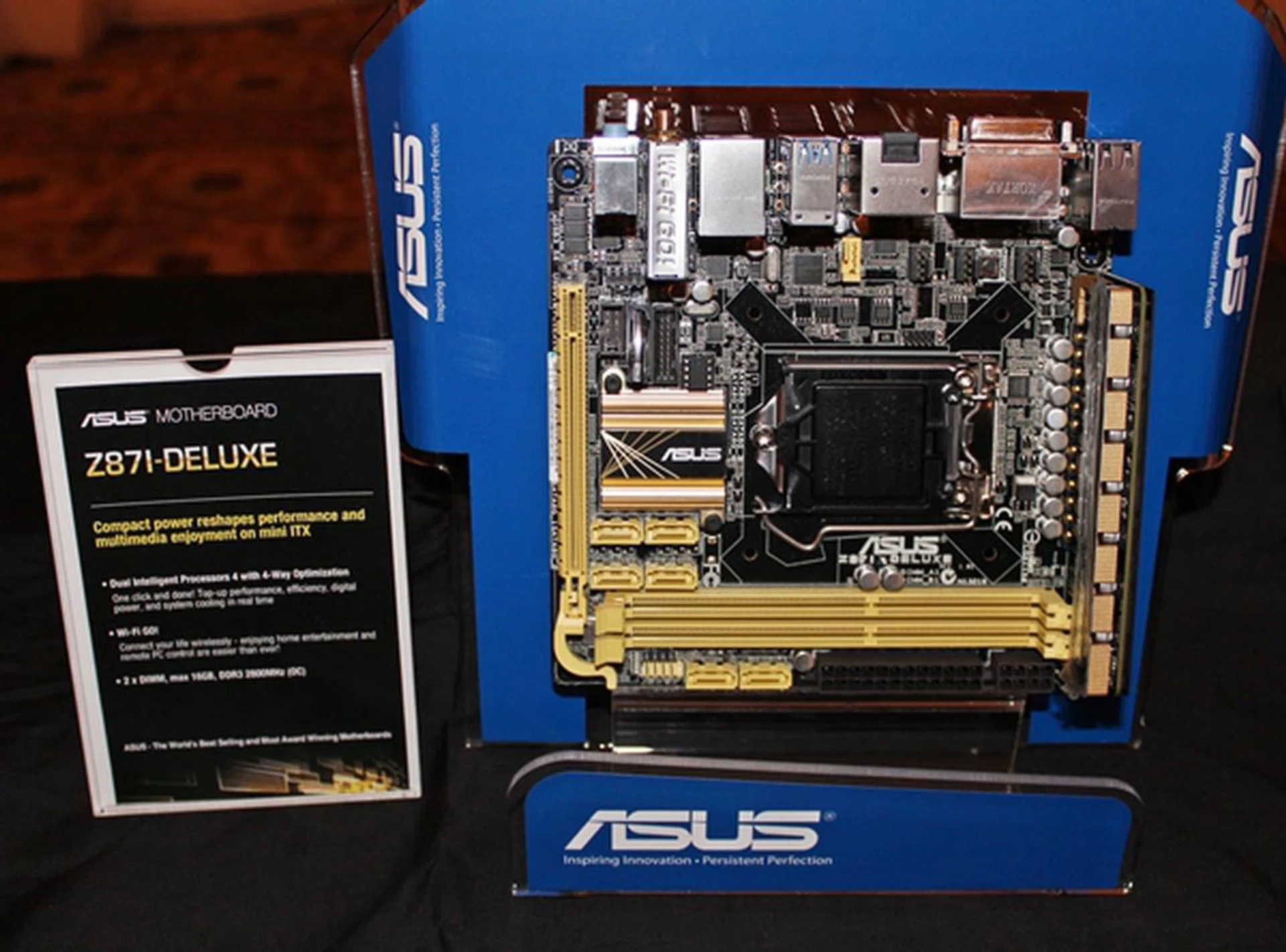 The ASUS Z87I-Deluxe mini-ITX motherboard. Notice its vertically stacked VRM module on the side due to limited PCB space on the board.