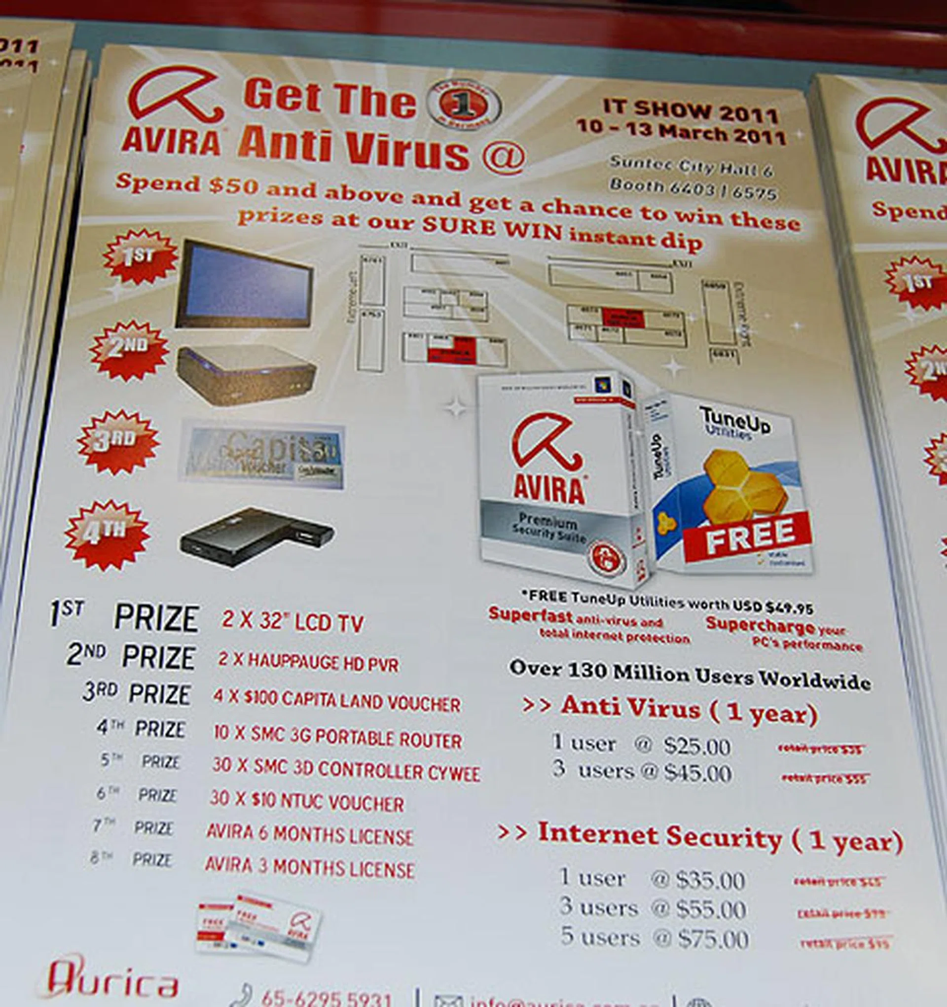 To entice buyers, Avira is holding a instant lucky dip for everyone who spends more than $50 on their products. The top prizes include 32" LCD TVs and Capitaland vouchers. 