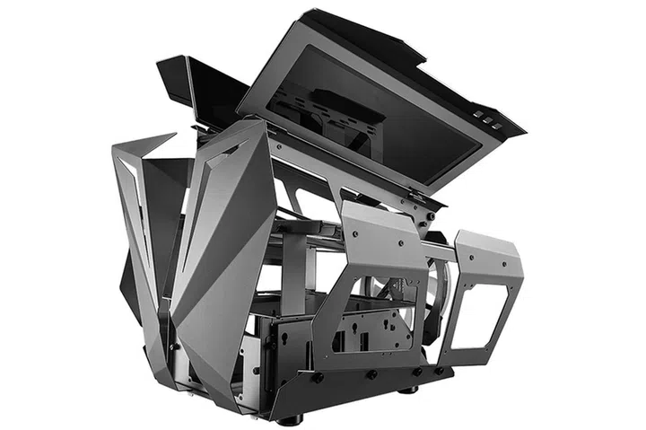 Rear side view of the case with the wings open, showcasing the innards where more PC components can sit.