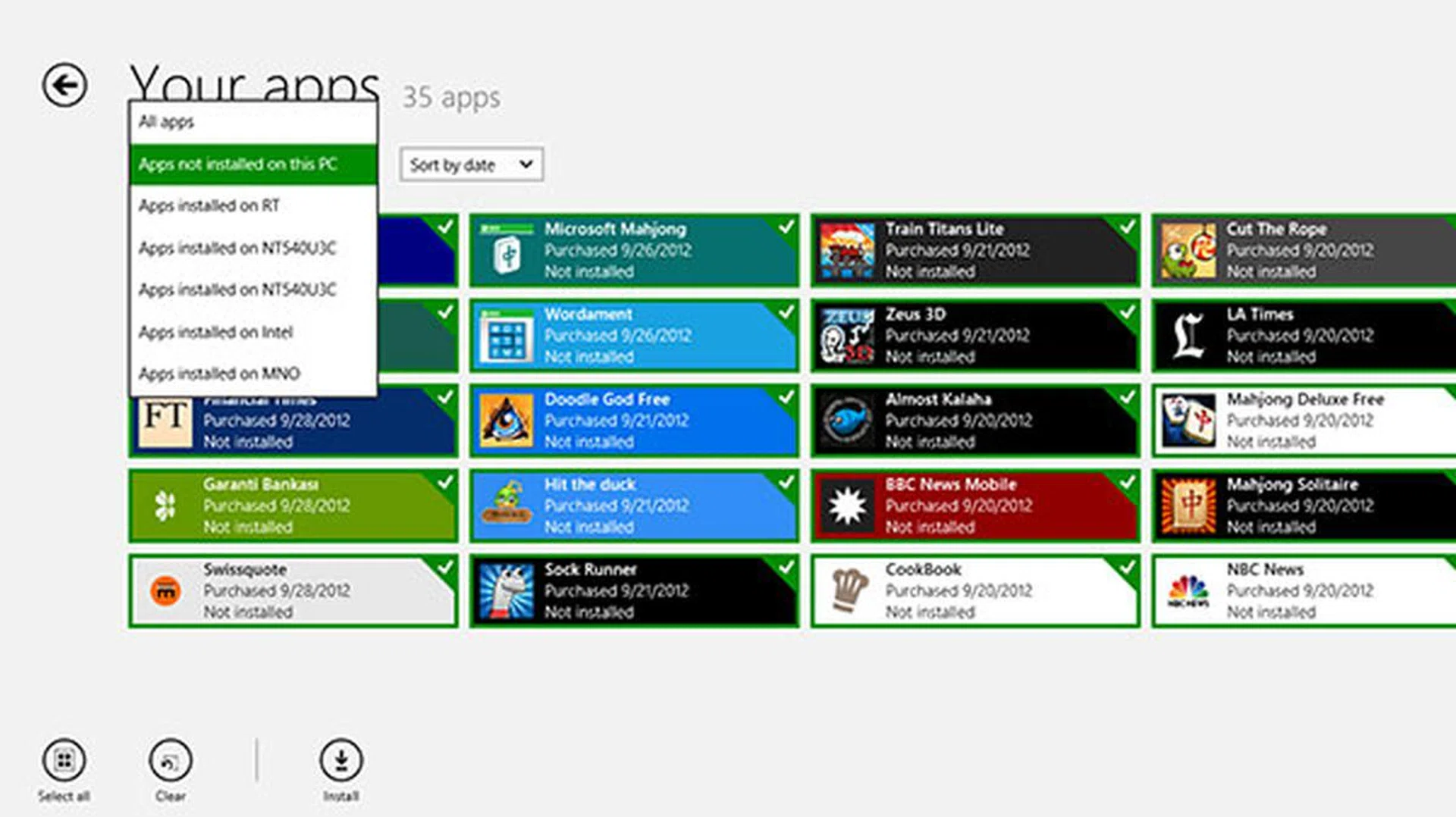 The 'Your apps' page lists all the apps that you've bought from the Store, and which apps are installed on which device.