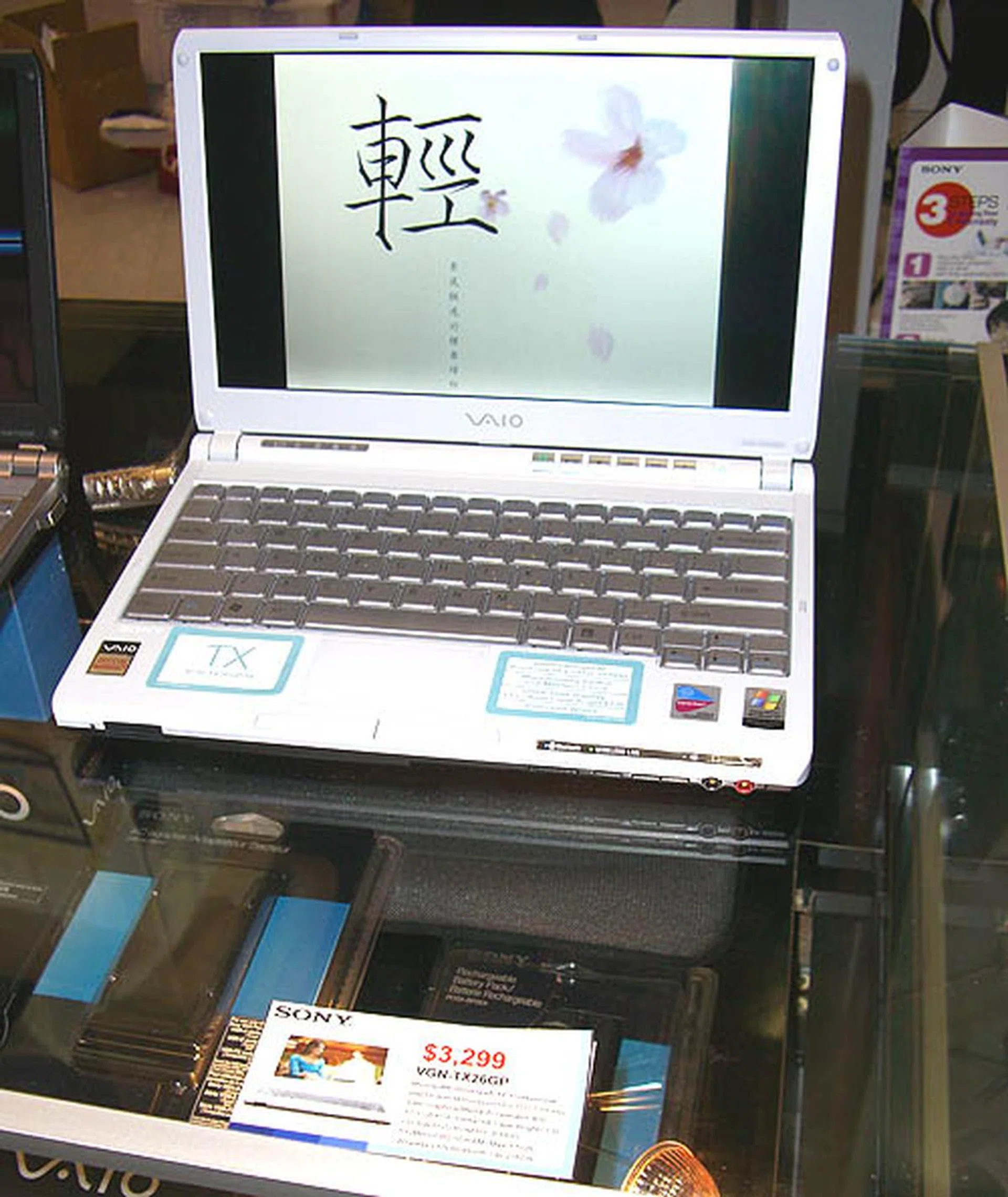 The Chinese character 'qing', meaning light, is a very appropriate screensaver for the ultra portable VGN-TX26GP. It weighes a mere 1.26kg but a hefty S$3,299.