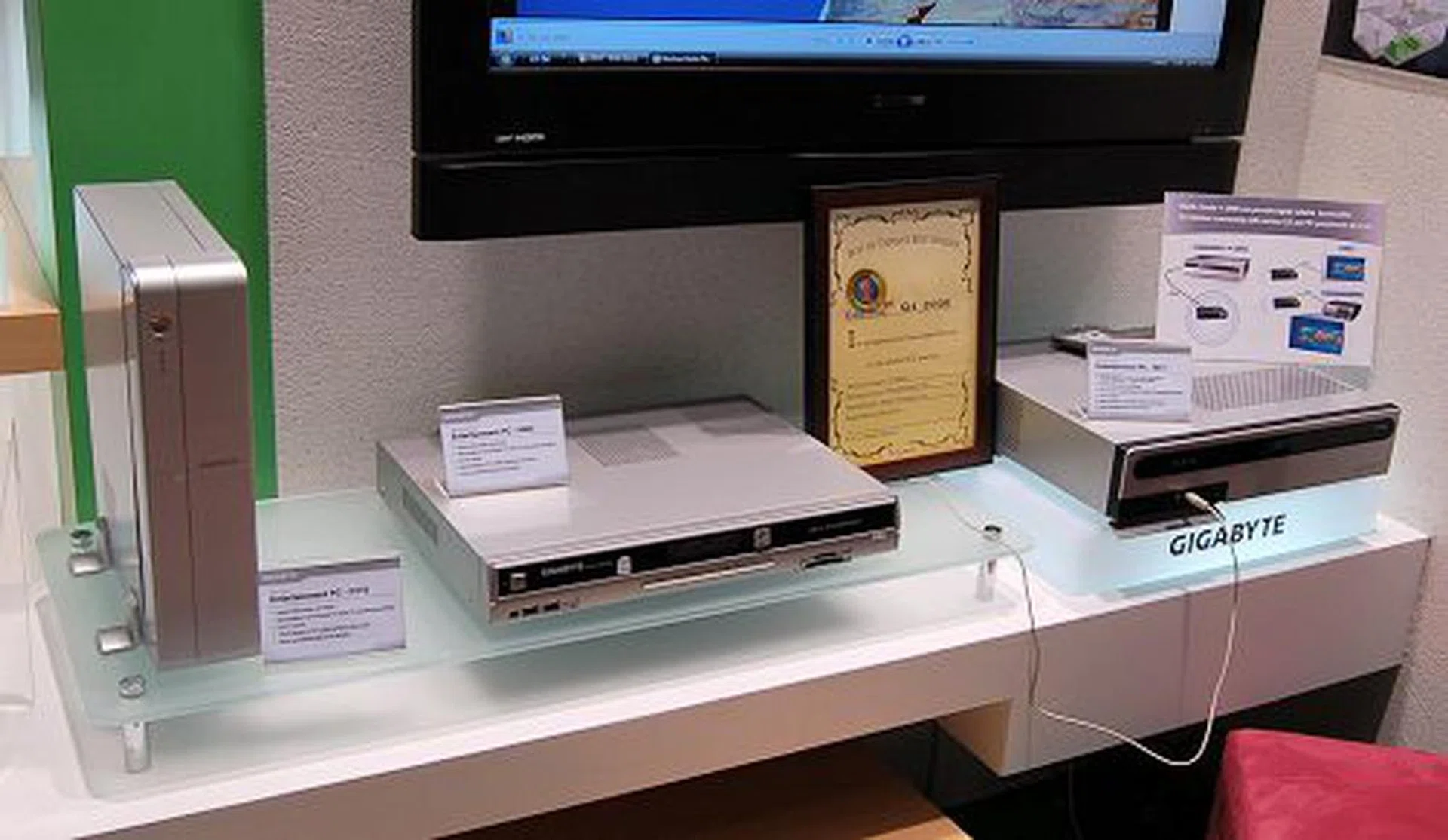  These are Gigabyte's entertainment personal computers for the living room. From left to right, the models are H110, H663 and the H971. Though the most powerful of these three systems is the H971 system at the right corner which has Full HD processing capabilities and great connectivity options, all three cater to different users depending on one's storage, processing and functional needs.  