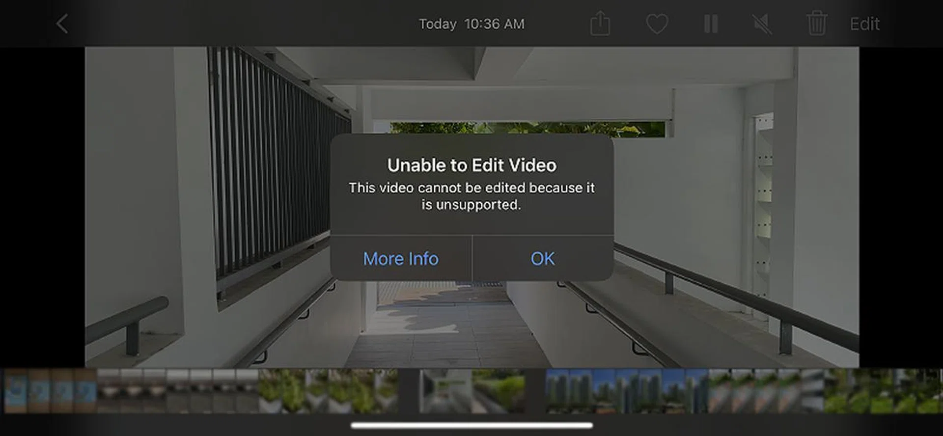 Trying to edit the above video on the iPhone 11 Pro Max throws up this error message. 
