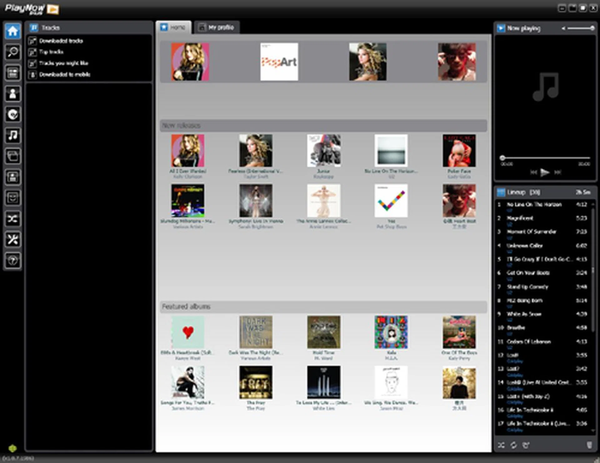 The main landing page provides you with 3 main dialog windows split left, right and centre: the left sidebar shows you the Categories within the service, the main display page at the centre, and your playlist and media player at the right.