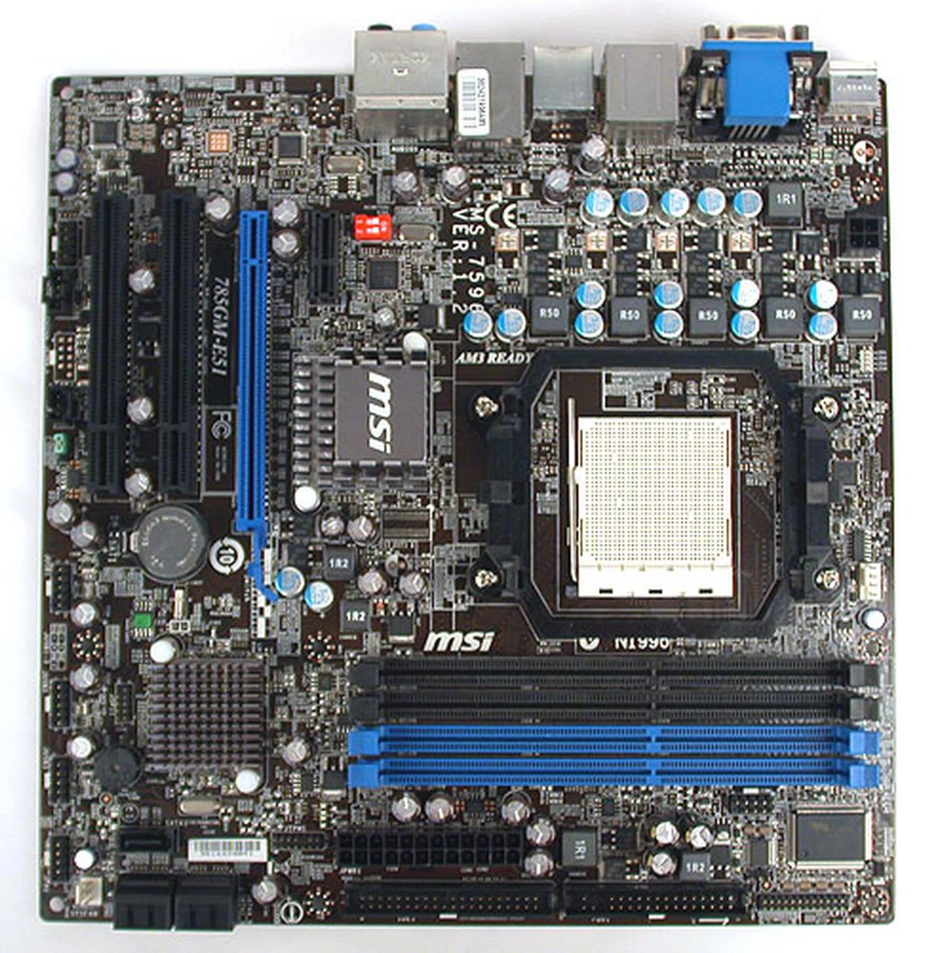 The MSI 785GM-E51 looks pretty packed, no doubt due to its mATX form factor.
