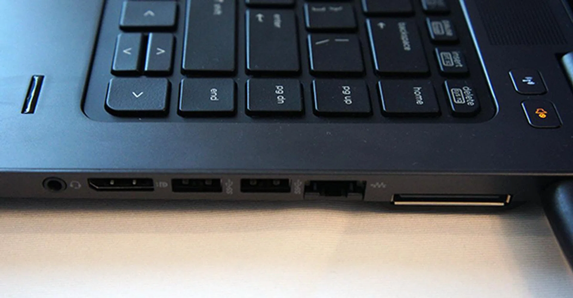 On the opposite side are two additonal USB 3.0 ports, a DisplayPort, a media card reader, Ethernet jack and headphones jack.