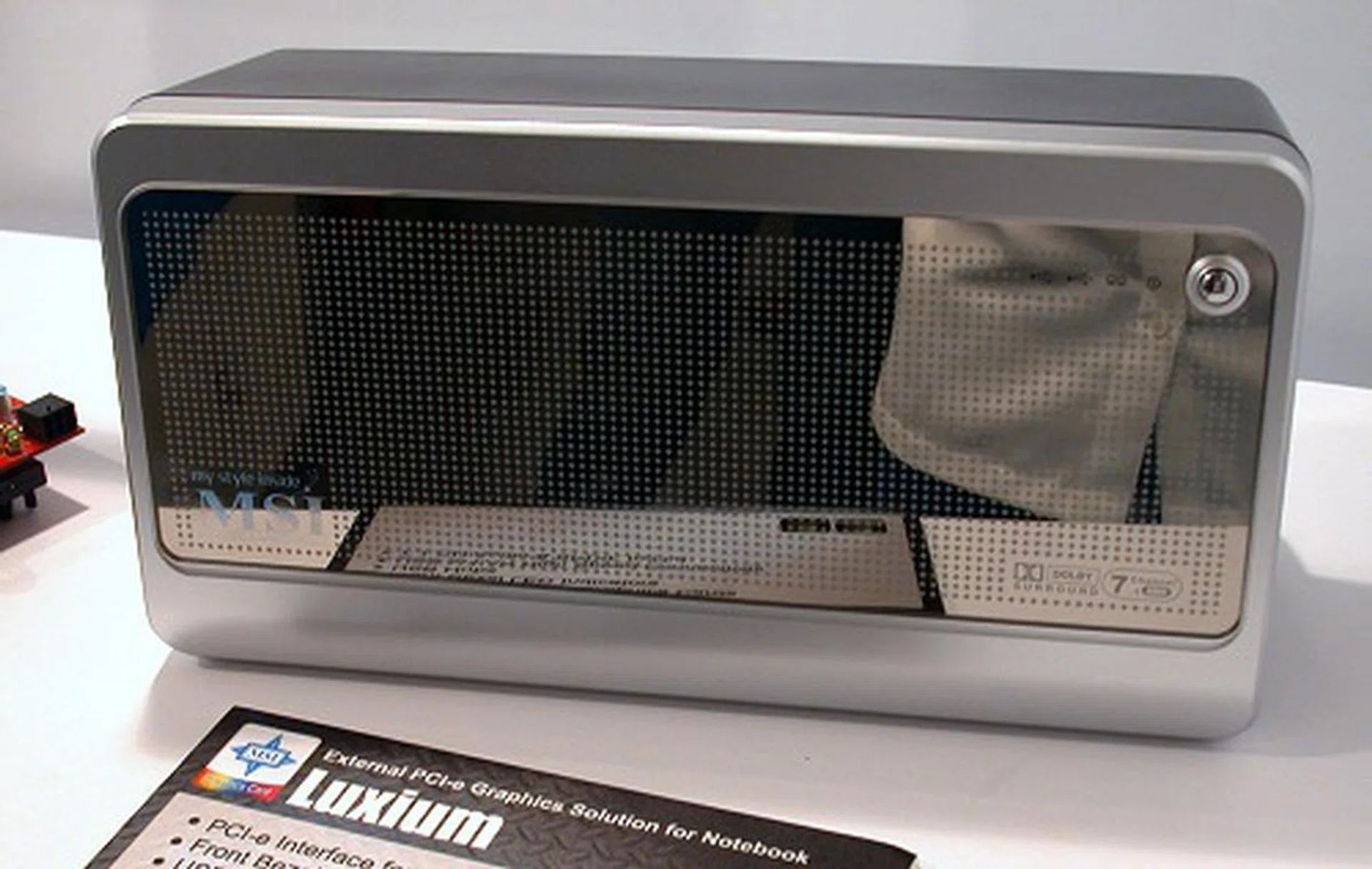  The MSI Luxium is an external graphics solution for notebook users. It uses the PCI Express interface found in modern notebooks to connect the external graphics to the notebook's subsytem.  