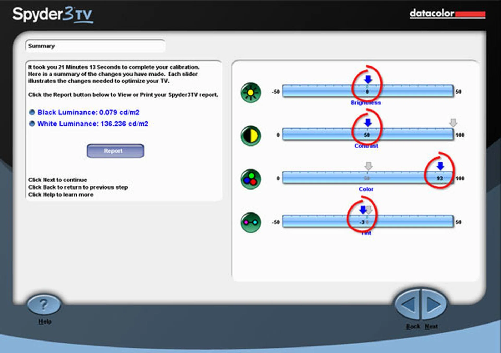 Spyder3TV Calibrated Results: It is interesting to note that the default Contrast value was set to 100 by Panasonic, as compared to a more conservative result of 50 after calibration.