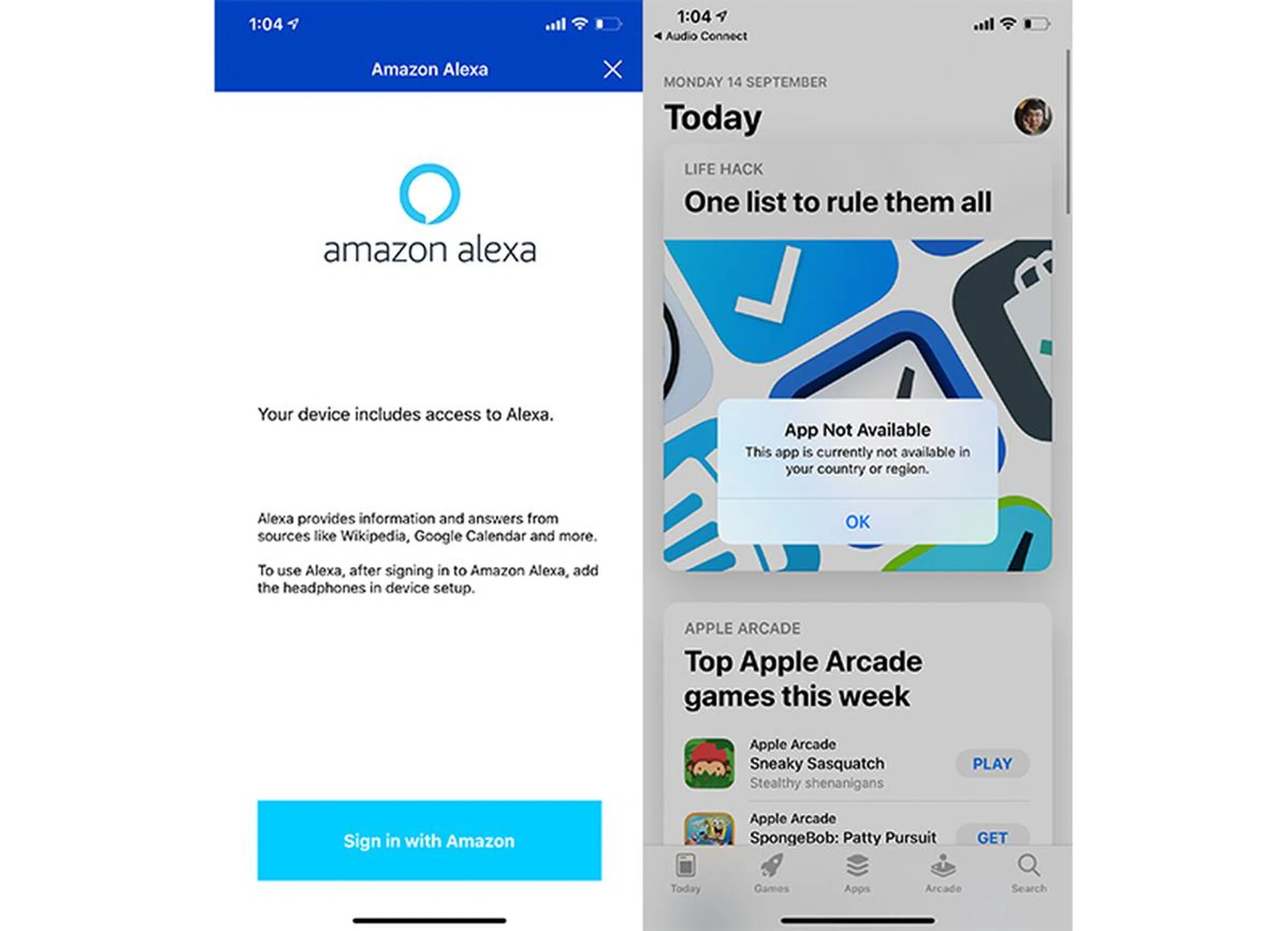 Alexa integration is boldly advertised on the app's home screen, but isn't supported here.