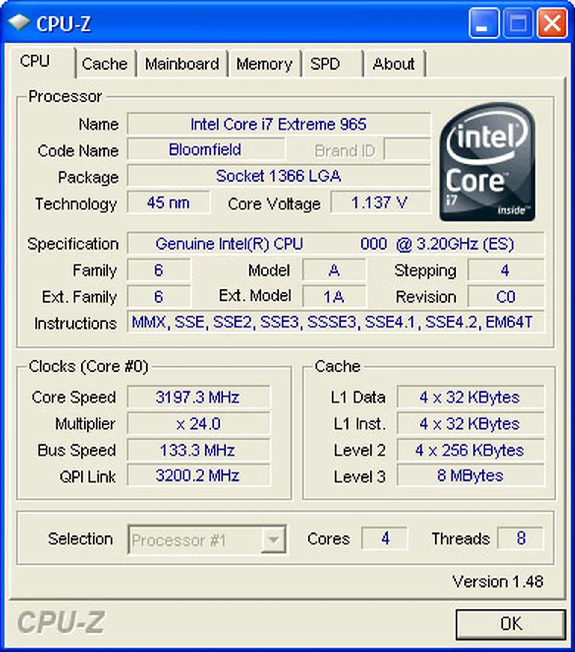 You'll need the updated CPU-Z version 1.48 to get the correct CPU information about the Core i7. As you can see, the old FSB has been removed. Instead what you get is a base frequency of 133MHz, and this is used together with separate multipliers to derive the various other clock speeds on the Core i7. 