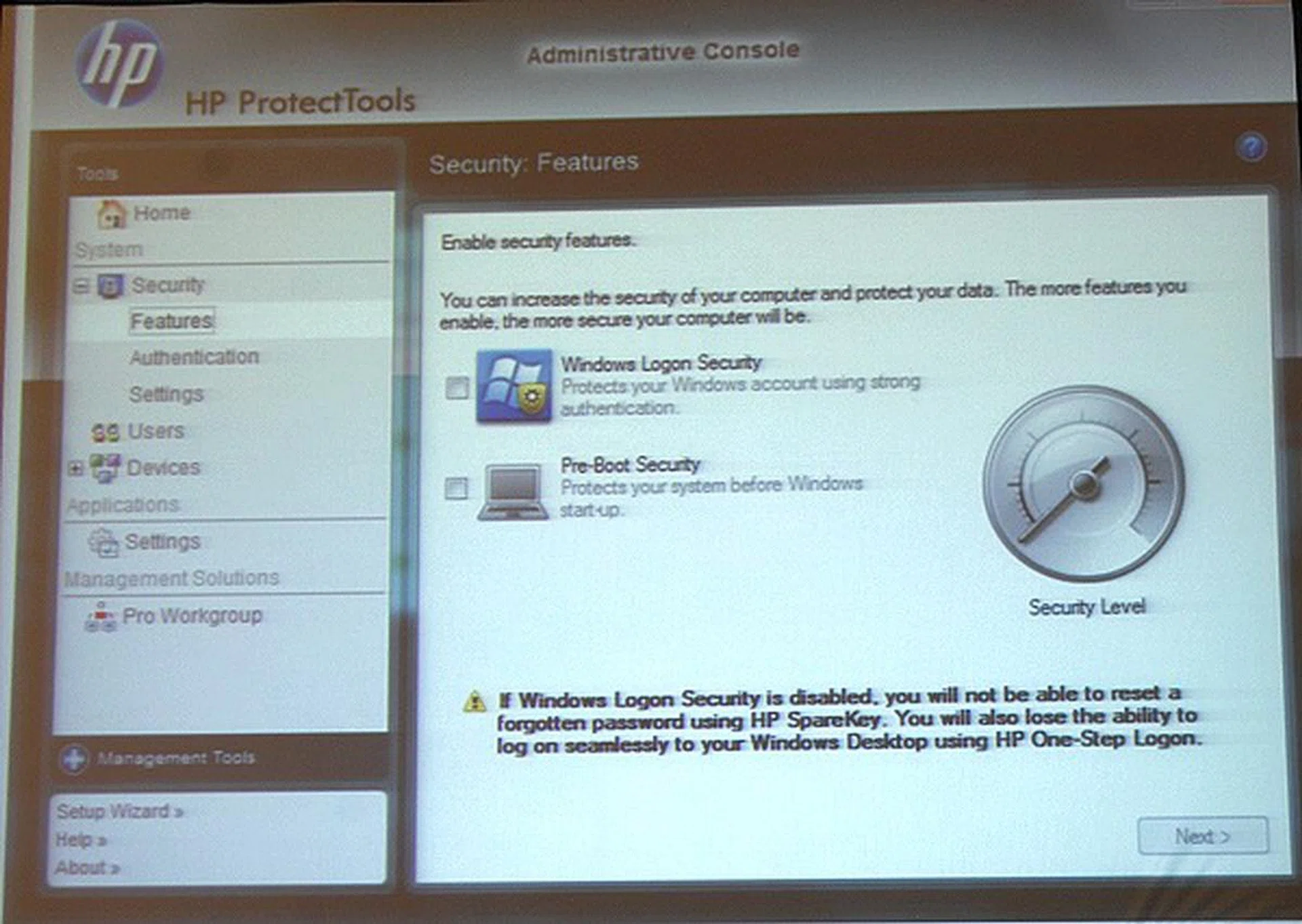 The security features tab to control the level of security to your selected devices.