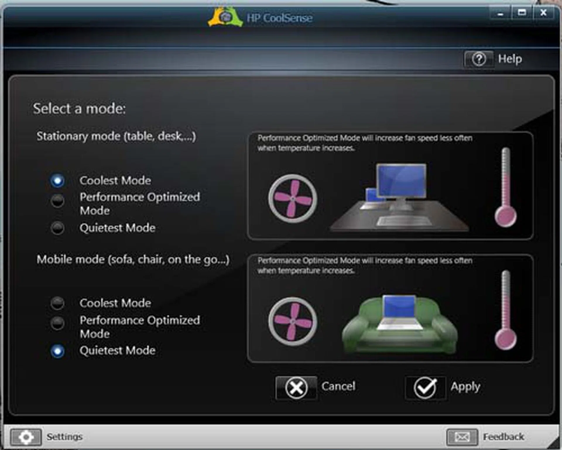 Some of the settings available for HP CoolSense technology.