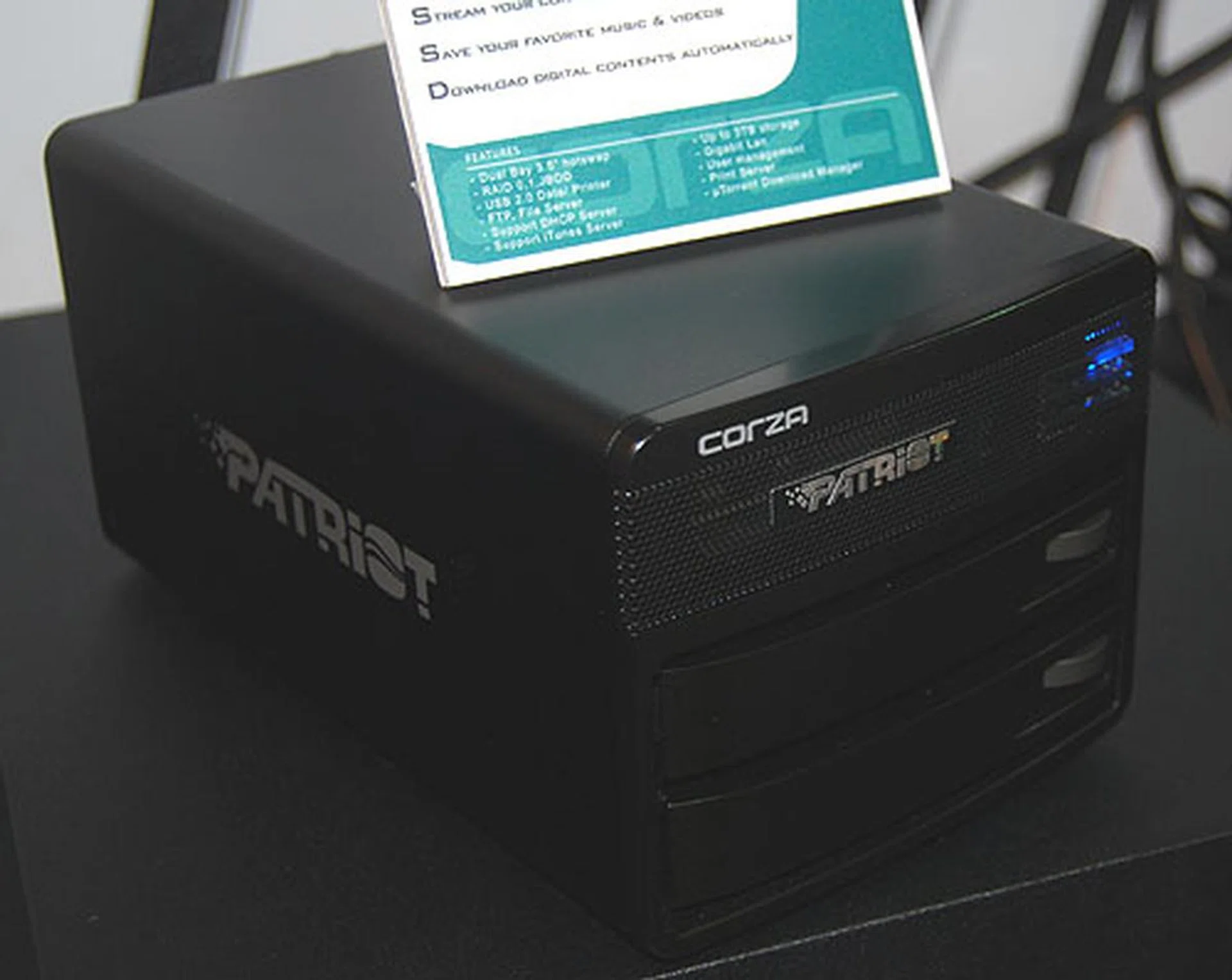  The company also has a NAS unit on display, with support for up to 3TB with two hard drive bays. RAID 0, 1 and JBOD is supported, with a built-in Bittorrent client and other features like file and print server.  