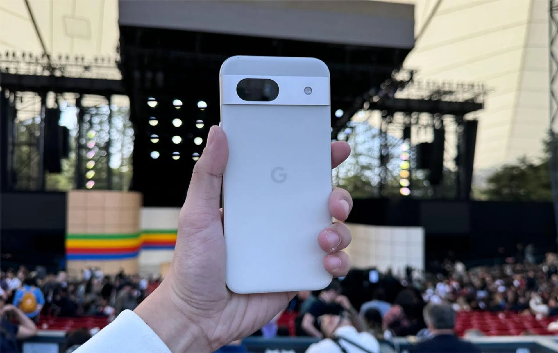 Google Pixel 8a in Porcelain.