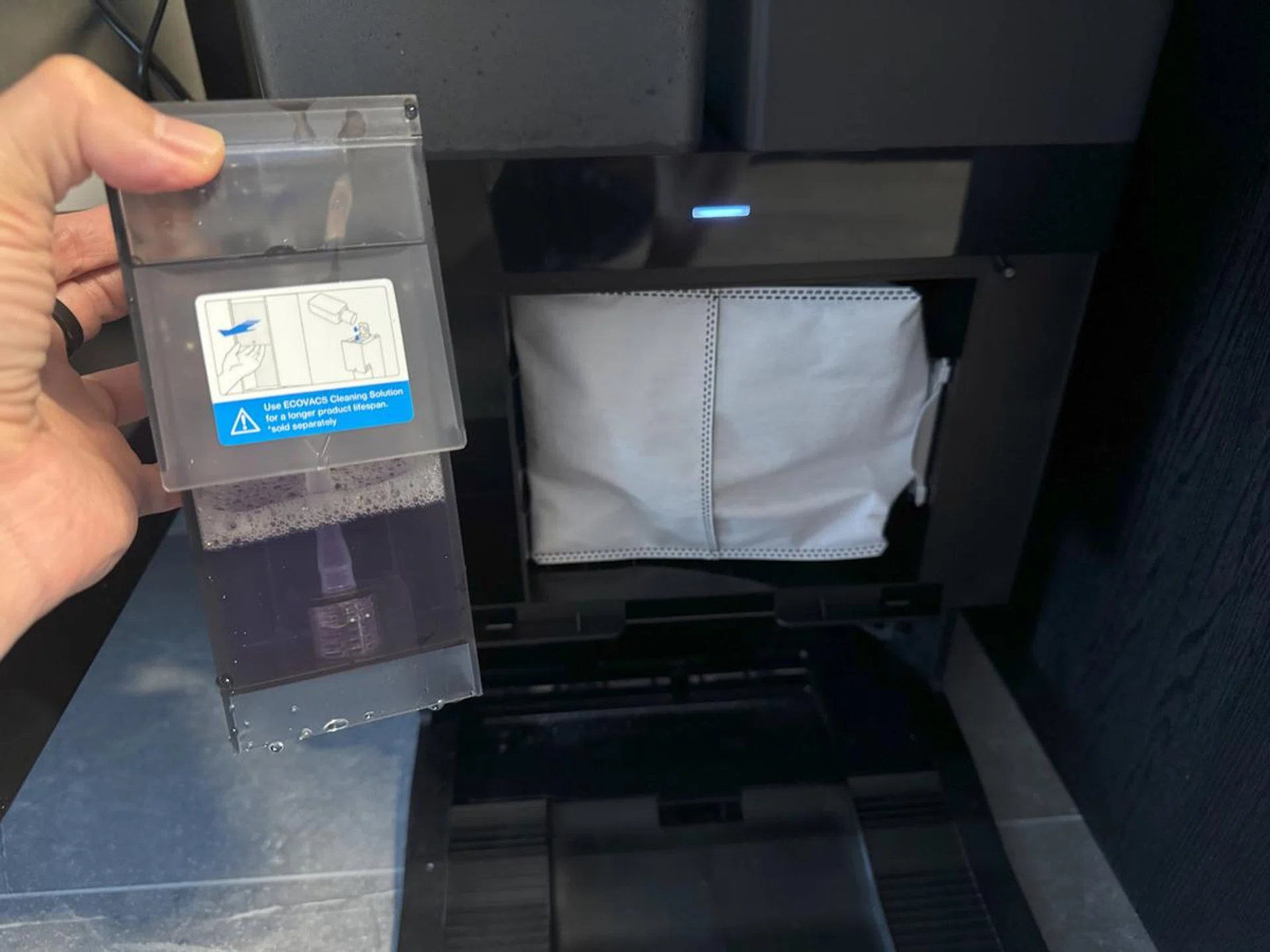 A dedicated cleaning solution tank that will auto dispense and mix with clean water at a fixed ratio. Photo: HWZ