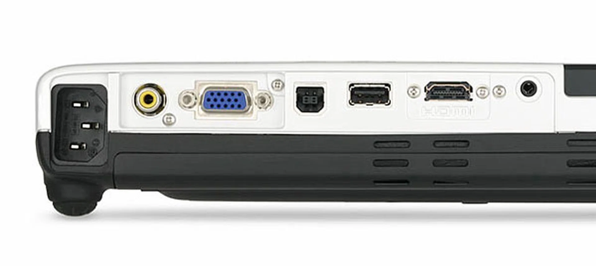 From left to right (excluding power inlet): ports for composite video, analog RGB/VGA, USB (Type B), USB (Type A), HDMI, and 3.5mm audio input.