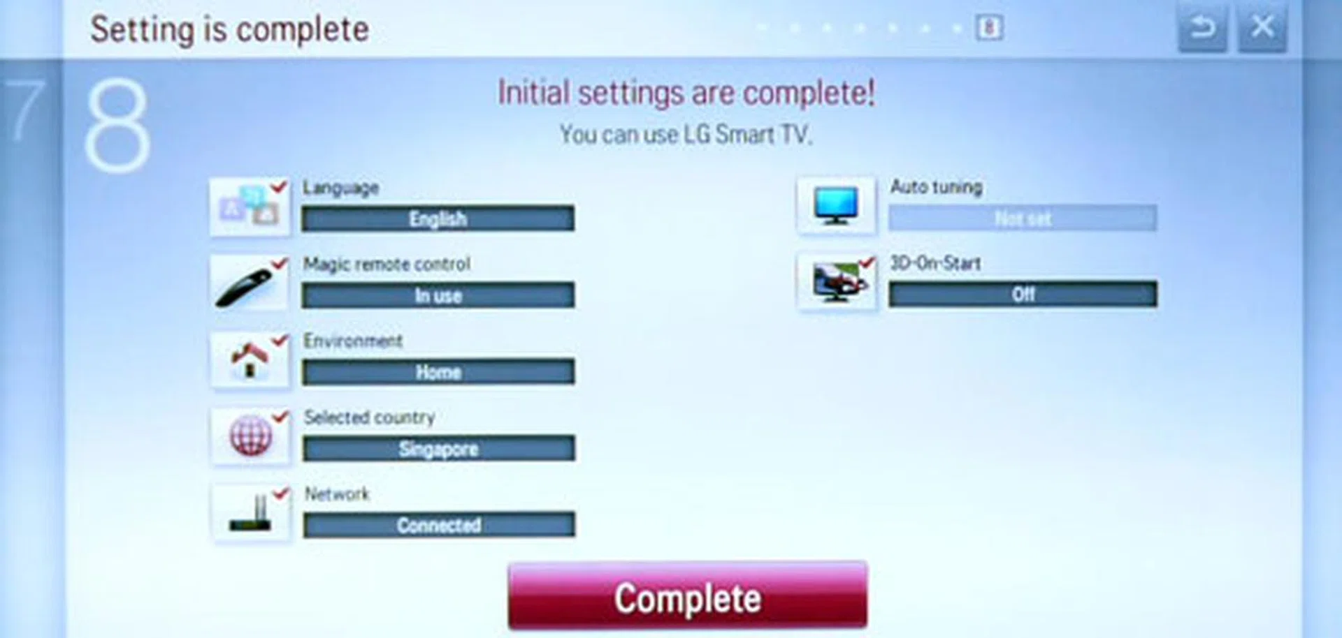 A Smart TV requires more than an initial auto tune-up for its channels. In the LM9600's case, you'll need to confirm various settings like its Magic remote and networking options before you get to use the TV. You can also disable the 3D Auto-start feature if need be.