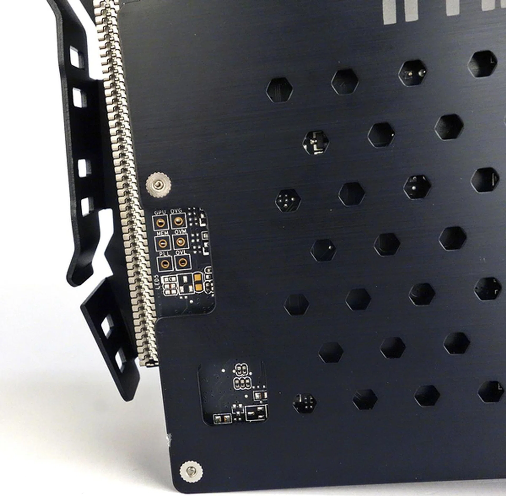 There are six voltage modifications points, which when properly hotwired, the power user would be able to bypass built-in safeguards for overheating and overcurrent protection, so that the card can be overclocked further.